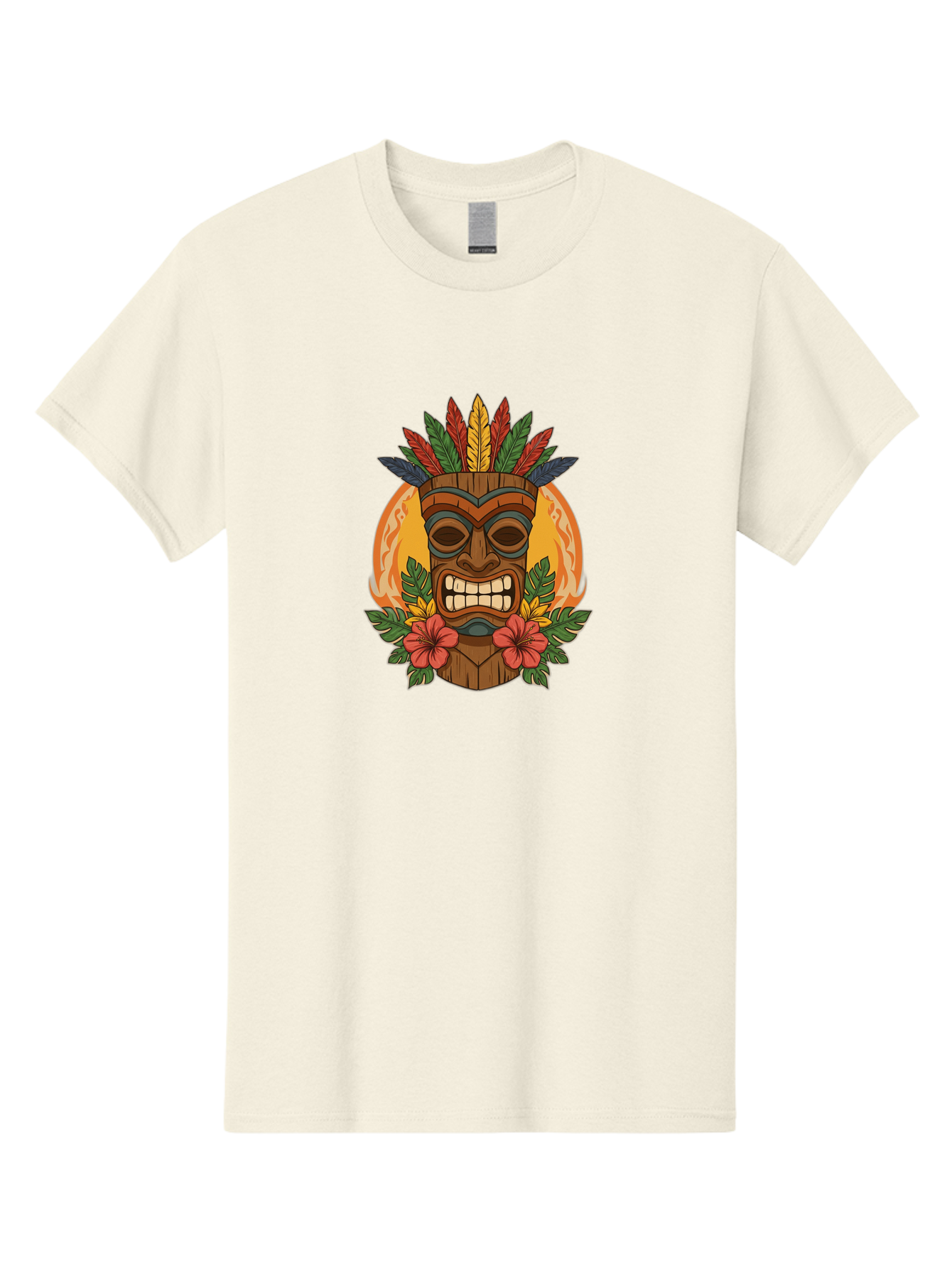 Tiki-Mask-With-Tropical-Flowers Men'S Graphic Tee, 100% Cotton, Comfortable Casual Summer Wear, Machine Washable, Tiki Mask, Tribal Art, Wooden Totem, Tropical Flowers, Hibiscus, Colorful Feathers, Polka Dot, Island Vibes, Bohemian Style Bad844