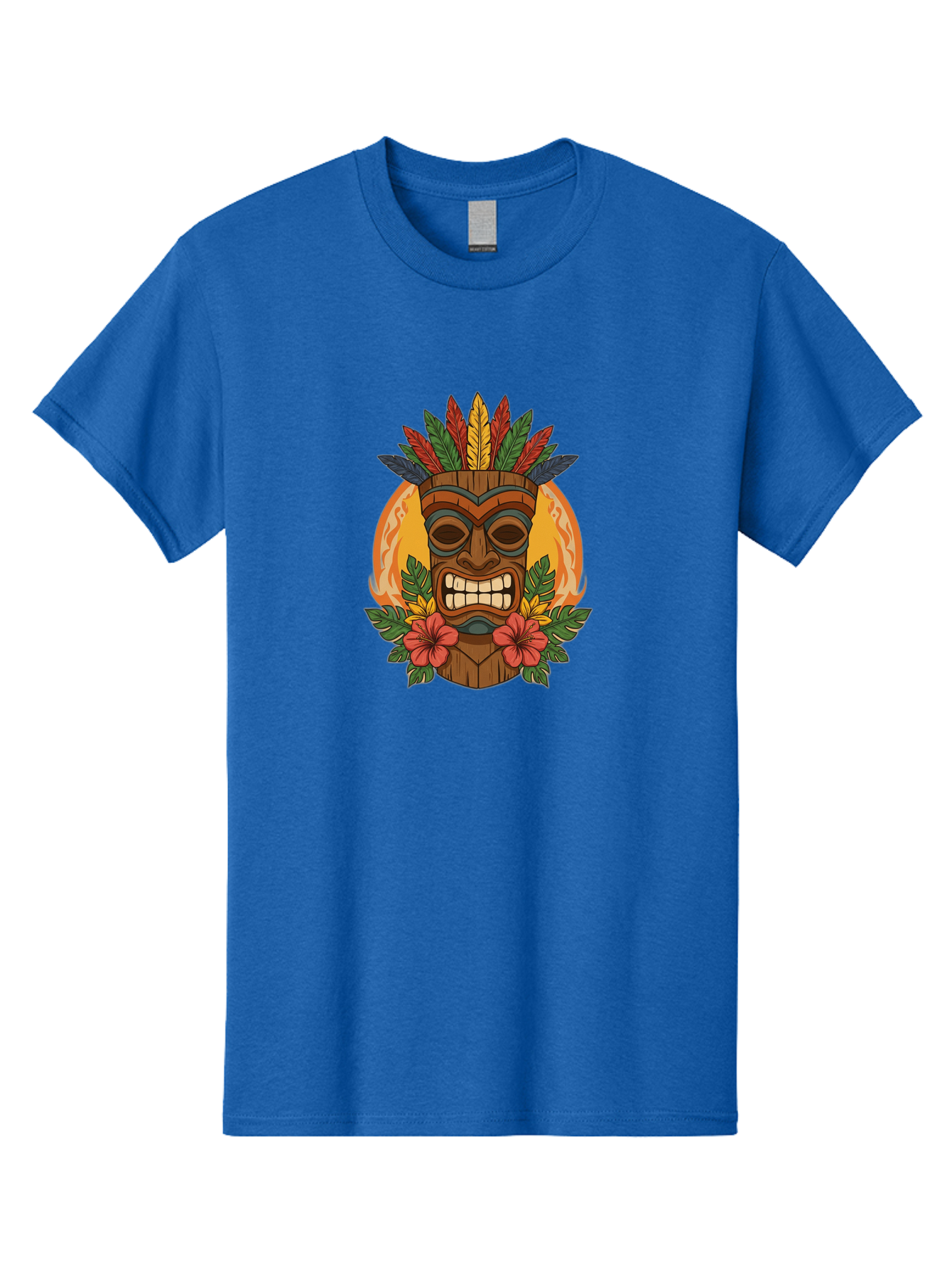 Tiki-Mask-With-Tropical-Flowers Men'S Graphic Tee, 100% Cotton, Comfortable Casual Summer Wear, Machine Washable, Tiki Mask, Tribal Art, Wooden Totem, Tropical Flowers, Hibiscus, Colorful Feathers, Polka Dot, Island Vibes, Bohemian Style Bad844