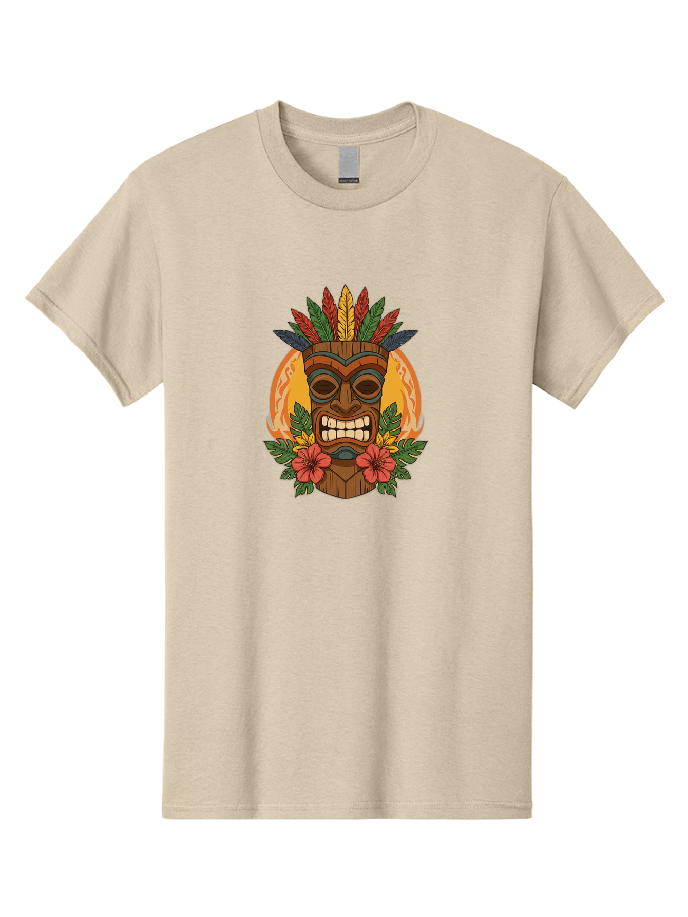 Tiki-Mask-With-Tropical-Flowers Men'S Graphic Tee, 100% Cotton, Comfortable Casual Summer Wear, Machine Washable, Tiki Mask, Tribal Art, Wooden Totem, Tropical Flowers, Hibiscus, Colorful Feathers, Polka Dot, Island Vibes, Bohemian Style Bad844