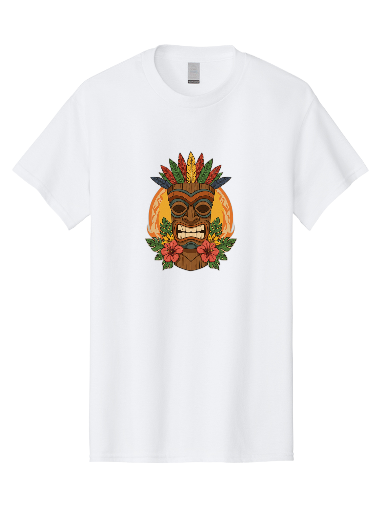 Tiki-Mask-With-Tropical-Flowers Men'S Graphic Tee, 100% Cotton, Comfortable Casual Summer Wear, Machine Washable, Tiki Mask, Tribal Art, Wooden Totem, Tropical Flowers, Hibiscus, Colorful Feathers, Polka Dot, Island Vibes, Bohemian Style Bad844