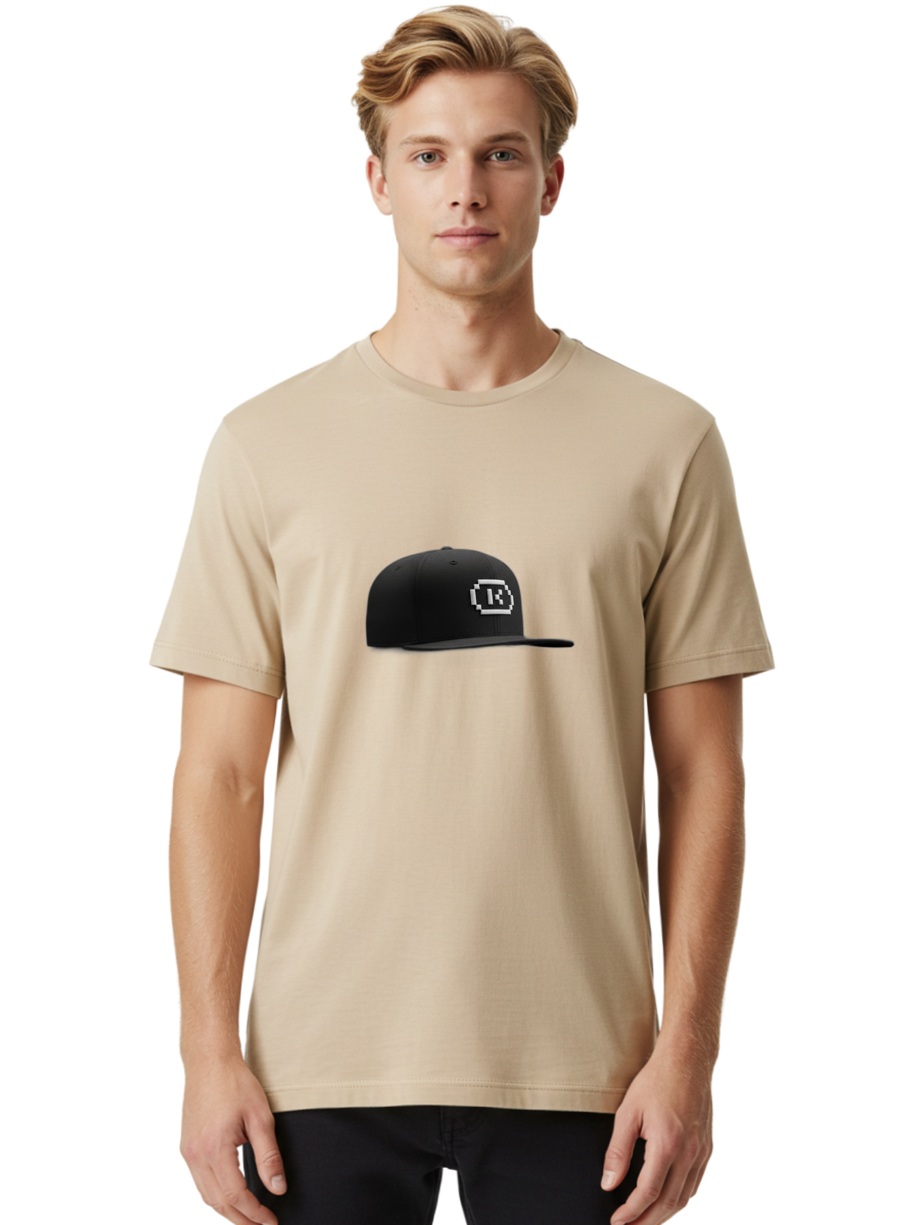 Tk-Baseball-Hat Men'S Graphic Tee, 100% Cotton, Comfortable Casual Summer Wear, Machine Washable, Black Baseball Cap, Pixel Art Logo, White 'R' Emblem, Trendy Headwear, Streetwear Fashion, Casual Style, Urban Apparel, Gamer Accessories, Bad845