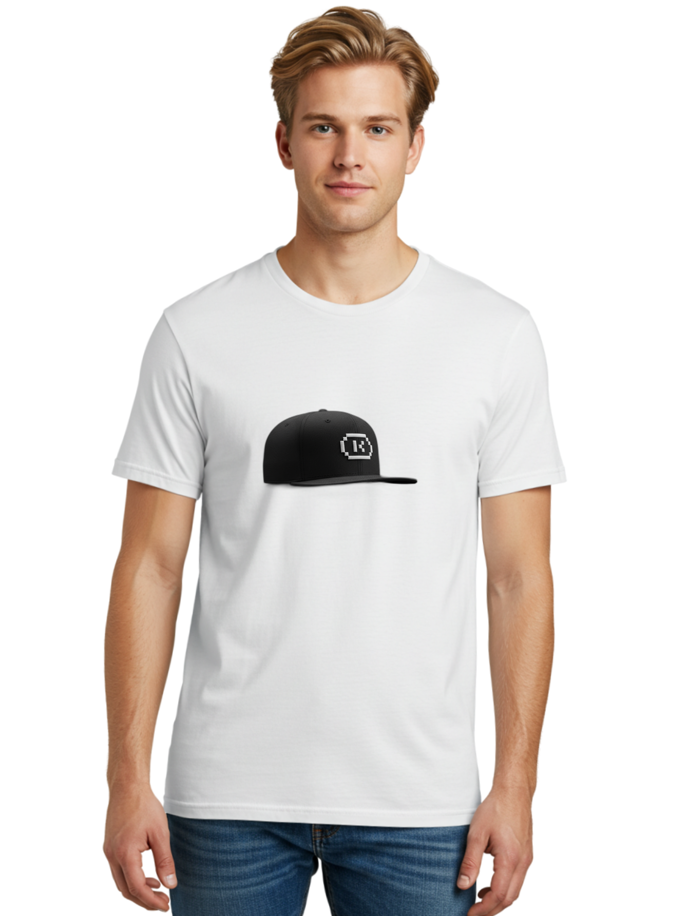 Tk-Baseball-Hat Men'S Graphic Tee, 100% Cotton, Comfortable Casual Summer Wear, Machine Washable, Black Baseball Cap, Pixel Art Logo, White 'R' Emblem, Trendy Headwear, Streetwear Fashion, Casual Style, Urban Apparel, Gamer Accessories, Bad845