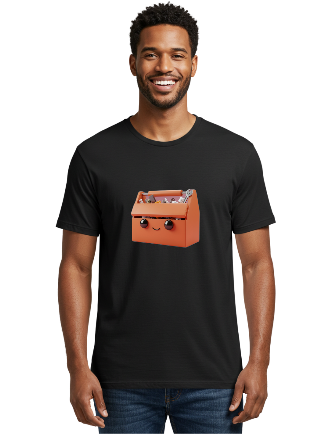 Toolbox-1 Men'S Graphic Tee, 100% Cotton, Comfortable Casual Summer Wear, Machine Washable, Orange Toolbox, Cartoonish Face, Smiling Eyes, Black Pupils, 3D Rendering, Creative Design, Funny, Quirky, Toolbox, Metal Wrenches, Various Tools Bad847