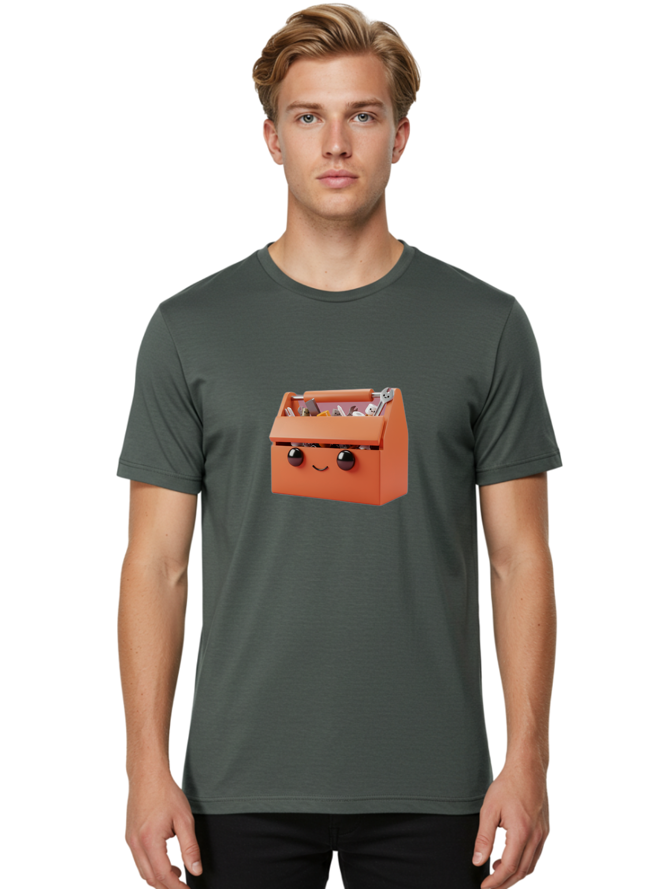 Toolbox-1 Men'S Graphic Tee, 100% Cotton, Comfortable Casual Summer Wear, Machine Washable, Orange Toolbox, Cartoonish Face, Smiling Eyes, Black Pupils, 3D Rendering, Creative Design, Funny, Quirky, Toolbox, Metal Wrenches, Various Tools Bad847
