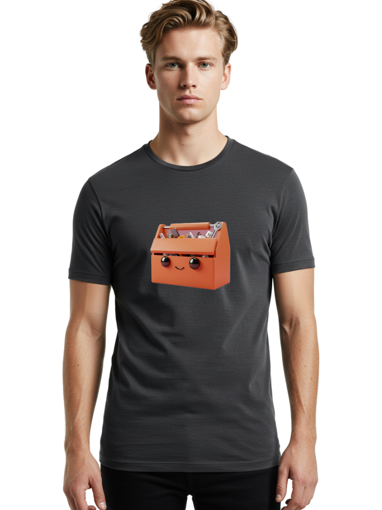 Toolbox-1 Men'S Graphic Tee, 100% Cotton, Comfortable Casual Summer Wear, Machine Washable, Orange Toolbox, Cartoonish Face, Smiling Eyes, Black Pupils, 3D Rendering, Creative Design, Funny, Quirky, Toolbox, Metal Wrenches, Various Tools Bad847