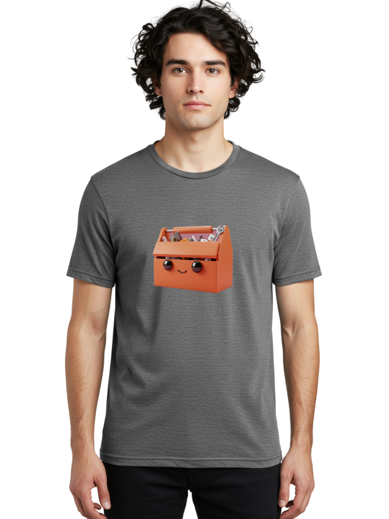 Toolbox-1 Men'S Graphic Tee, 100% Cotton, Comfortable Casual Summer Wear, Machine Washable, Orange Toolbox, Cartoonish Face, Smiling Eyes, Black Pupils, 3D Rendering, Creative Design, Funny, Quirky, Toolbox, Metal Wrenches, Various Tools Bad847