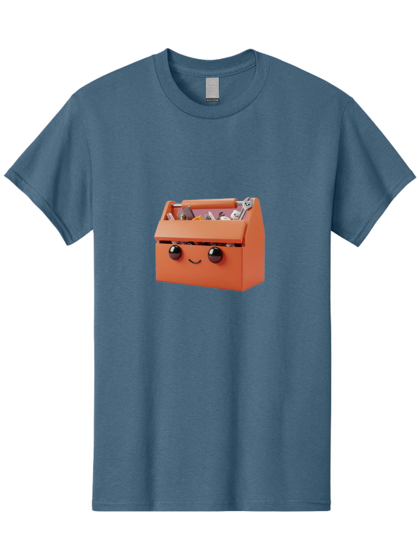 Toolbox-1 Men'S Graphic Tee, 100% Cotton, Comfortable Casual Summer Wear, Machine Washable, Orange Toolbox, Cartoonish Face, Smiling Eyes, Black Pupils, 3D Rendering, Creative Design, Funny, Quirky, Toolbox, Metal Wrenches, Various Tools Bad847