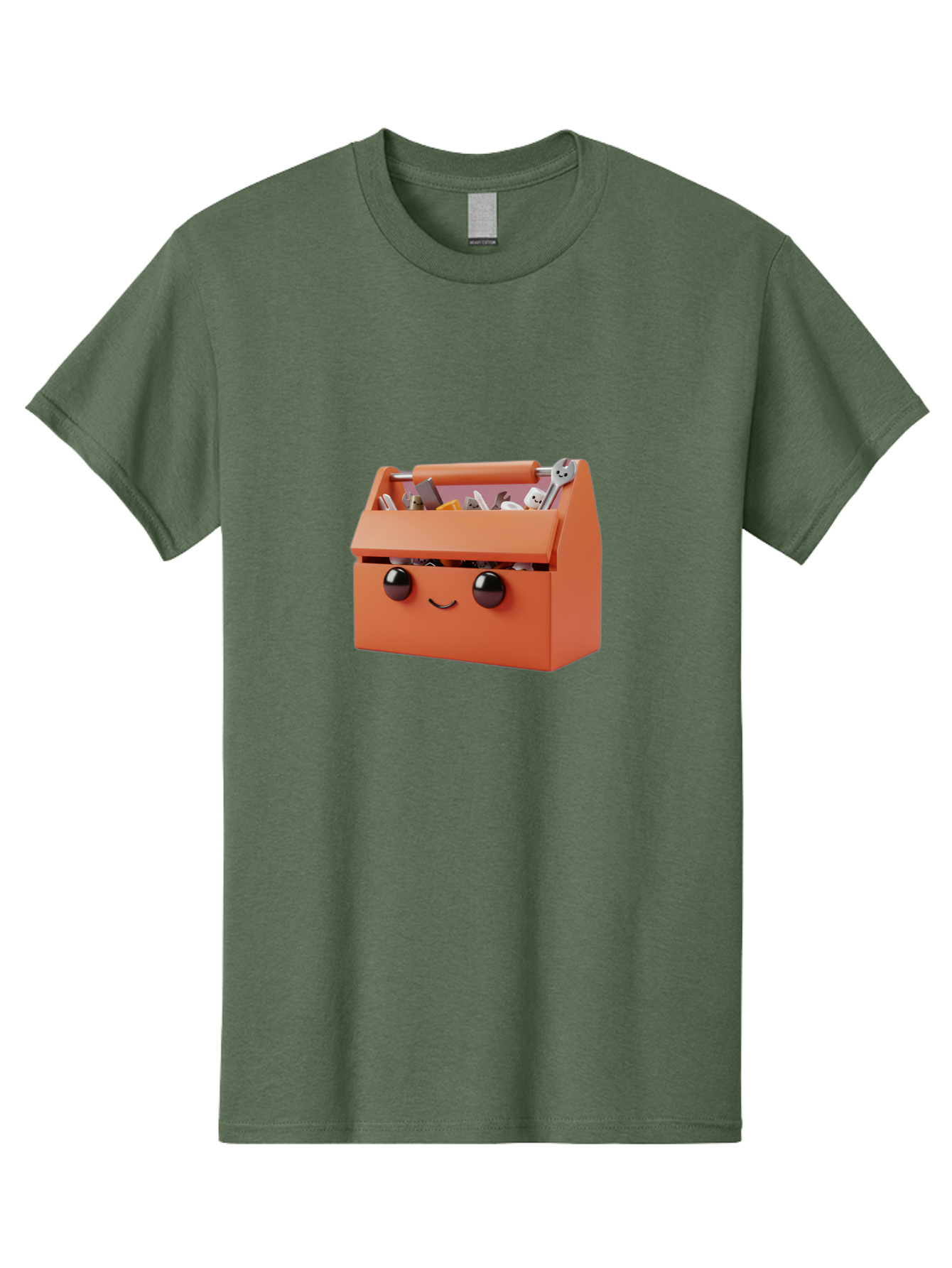 Toolbox-1 Men'S Graphic Tee, 100% Cotton, Comfortable Casual Summer Wear, Machine Washable, Orange Toolbox, Cartoonish Face, Smiling Eyes, Black Pupils, 3D Rendering, Creative Design, Funny, Quirky, Toolbox, Metal Wrenches, Various Tools Bad847