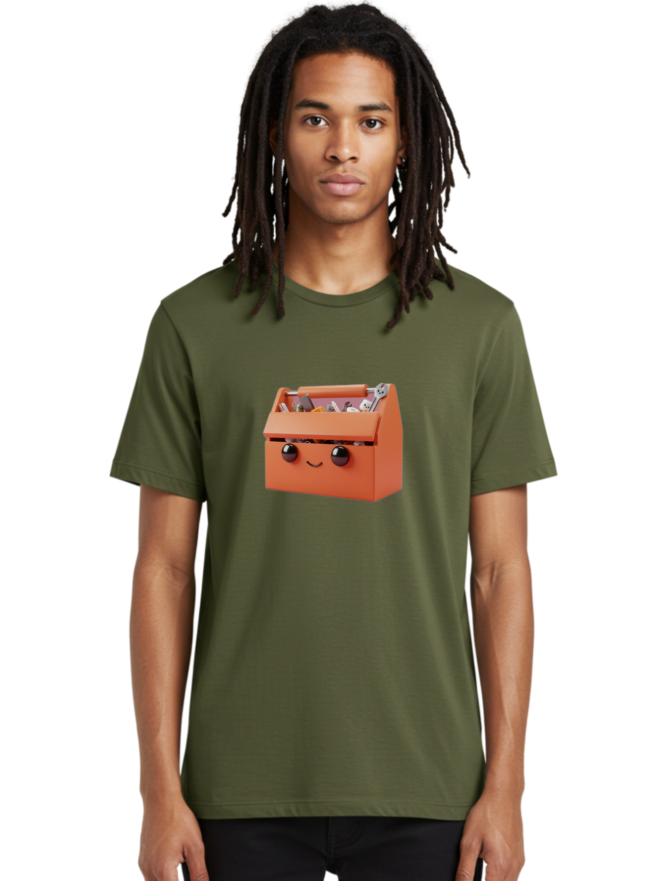 Toolbox-1 Men'S Graphic Tee, 100% Cotton, Comfortable Casual Summer Wear, Machine Washable, Orange Toolbox, Cartoonish Face, Smiling Eyes, Black Pupils, 3D Rendering, Creative Design, Funny, Quirky, Toolbox, Metal Wrenches, Various Tools Bad847
