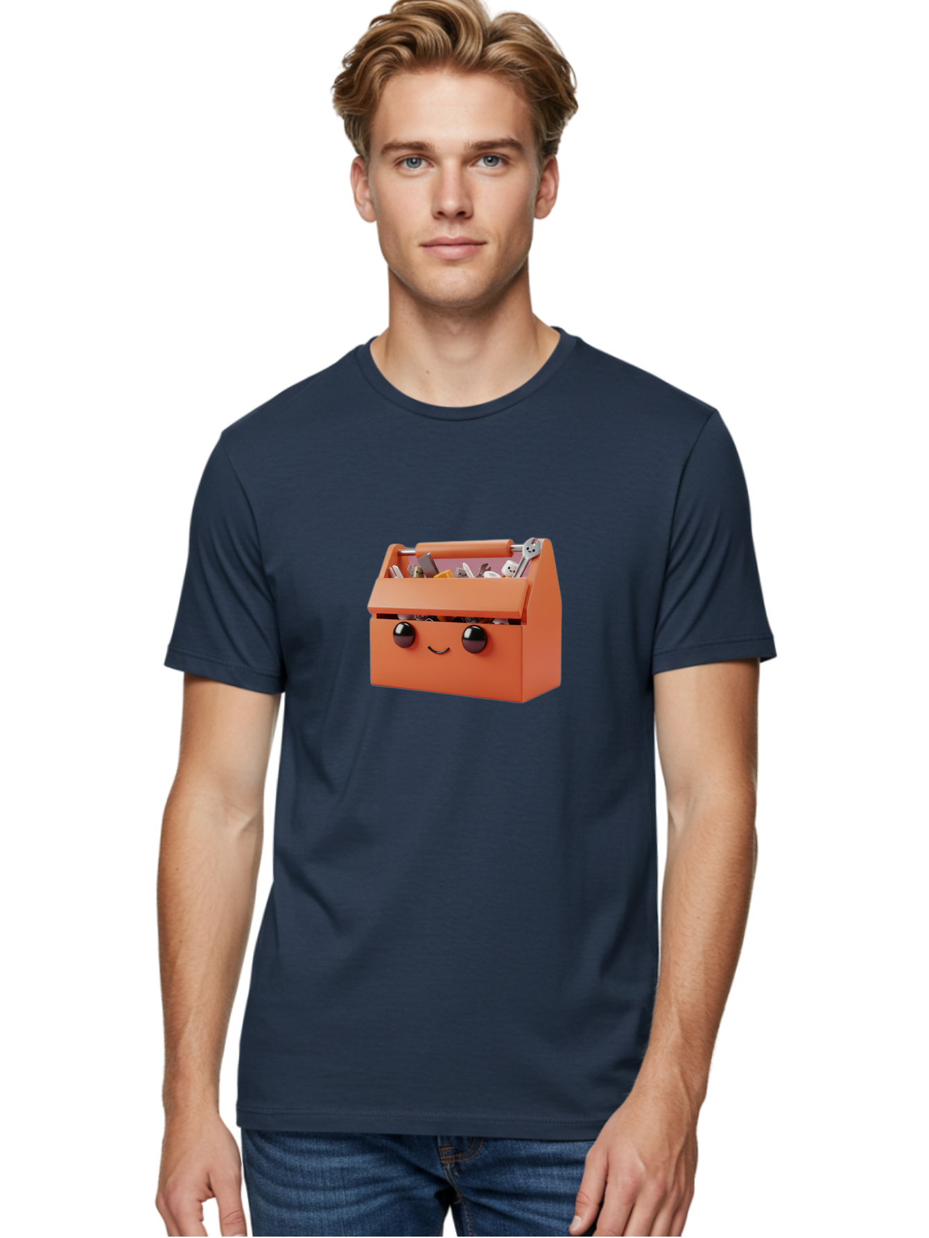 Toolbox-1 Men'S Graphic Tee, 100% Cotton, Comfortable Casual Summer Wear, Machine Washable, Orange Toolbox, Cartoonish Face, Smiling Eyes, Black Pupils, 3D Rendering, Creative Design, Funny, Quirky, Toolbox, Metal Wrenches, Various Tools Bad847