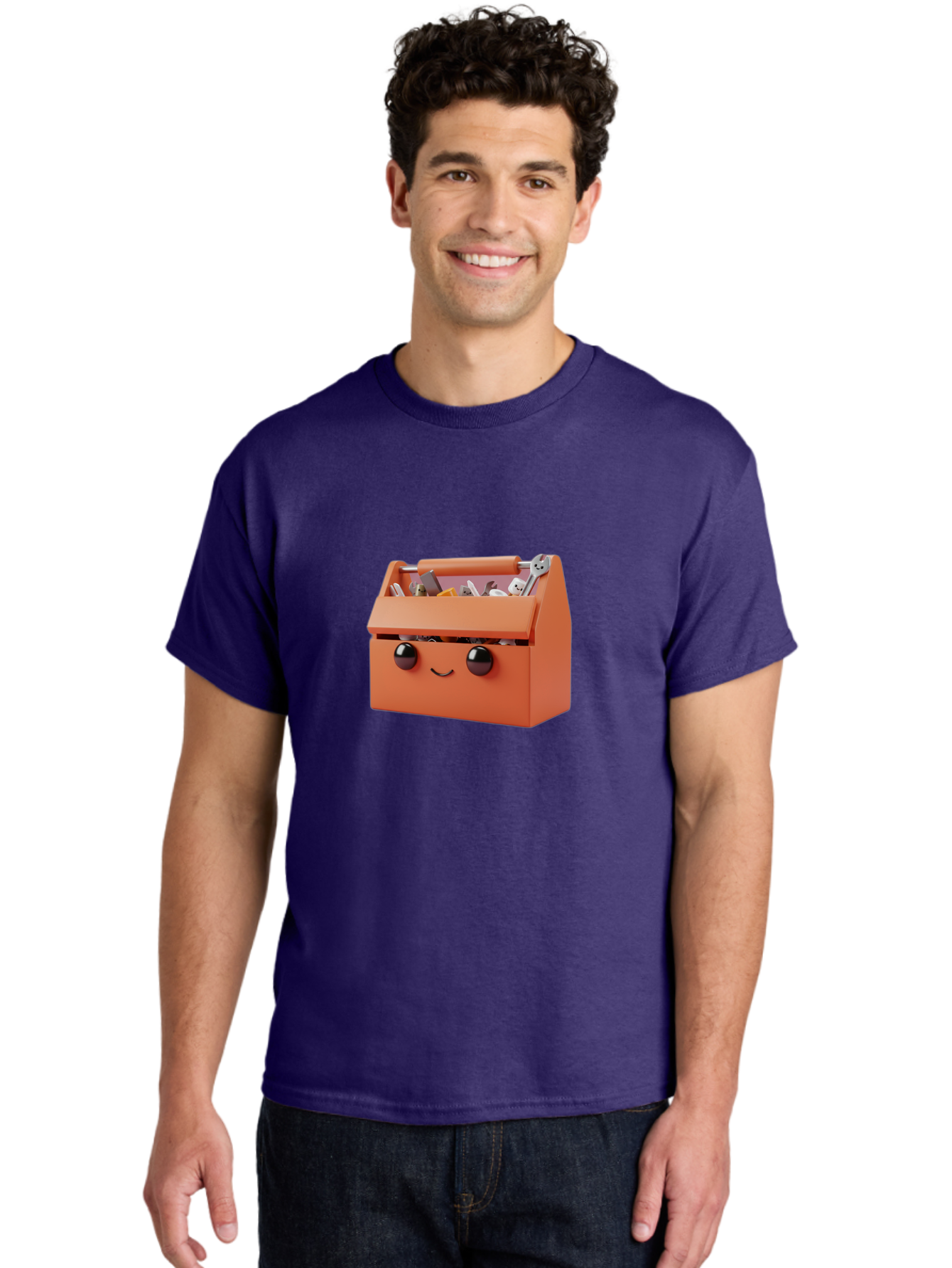 Toolbox-1 Men'S Graphic Tee, 100% Cotton, Comfortable Casual Summer Wear, Machine Washable, Orange Toolbox, Cartoonish Face, Smiling Eyes, Black Pupils, 3D Rendering, Creative Design, Funny, Quirky, Toolbox, Metal Wrenches, Various Tools Bad847