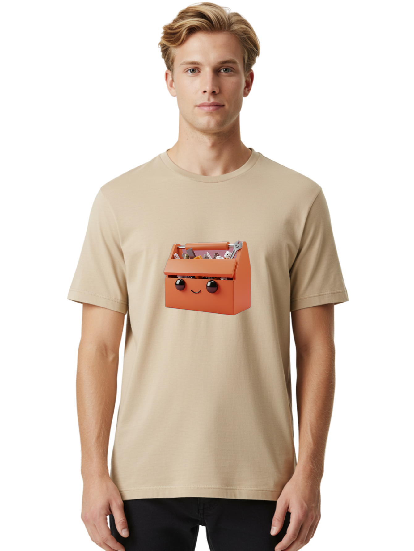 Toolbox-1 Men'S Graphic Tee, 100% Cotton, Comfortable Casual Summer Wear, Machine Washable, Orange Toolbox, Cartoonish Face, Smiling Eyes, Black Pupils, 3D Rendering, Creative Design, Funny, Quirky, Toolbox, Metal Wrenches, Various Tools Bad847