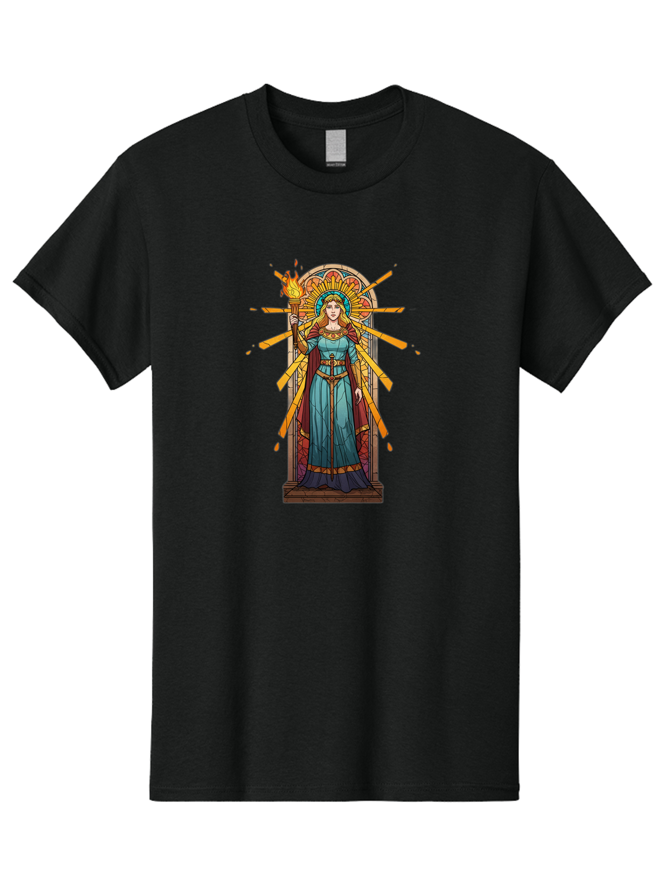 Torch-Lady Men'S Graphic Tee, 100% Cotton, Comfortable Casual Summer Wear, Machine Washable, Statue Of Liberty, Freedom Symbol, Torch Bearer, Stained Glass Art, Vintage Illustration, Liberty Personified, Woman With Torch Bad854