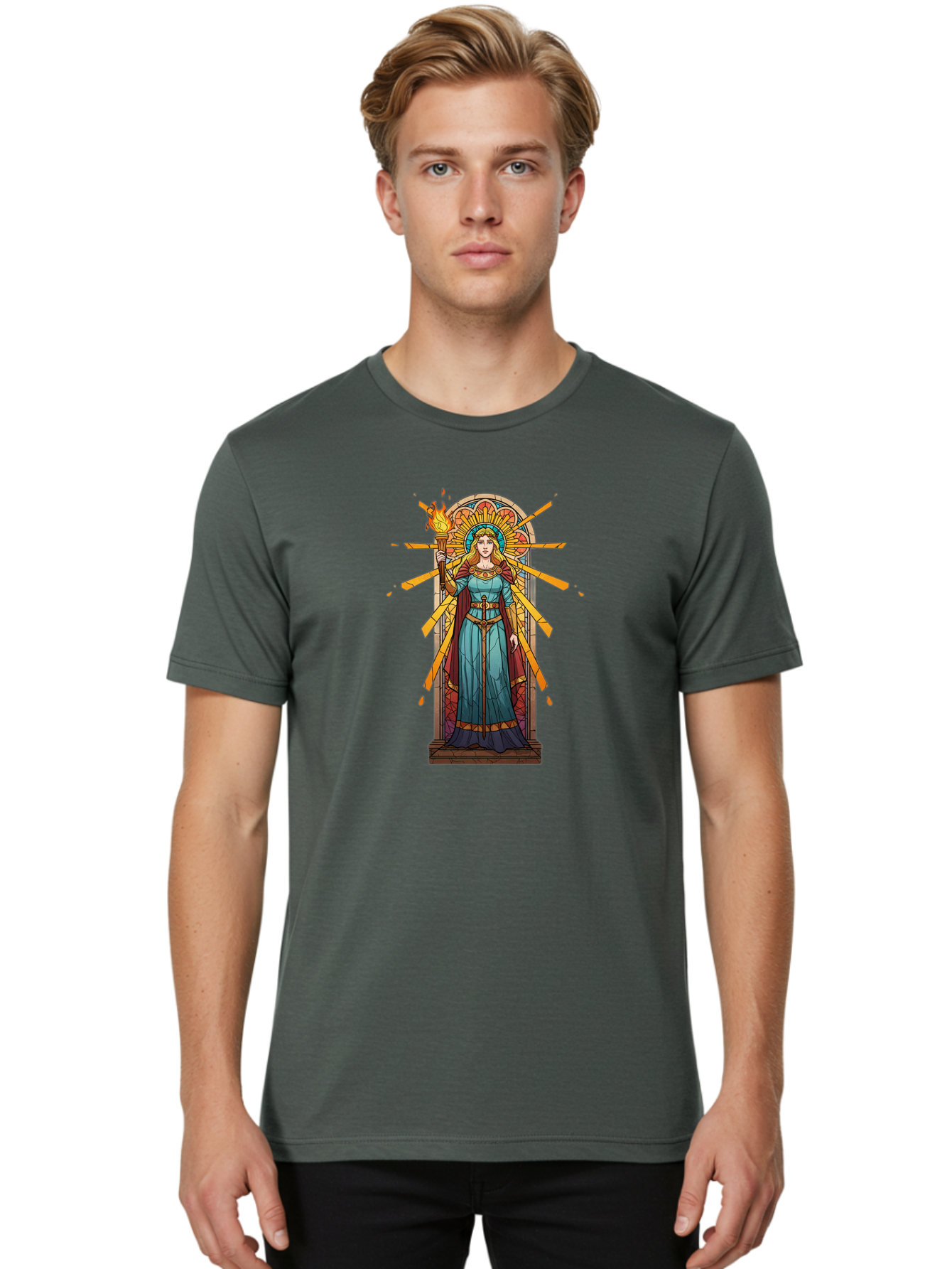 Torch-Lady Men'S Graphic Tee, 100% Cotton, Comfortable Casual Summer Wear, Machine Washable, Statue Of Liberty, Freedom Symbol, Torch Bearer, Stained Glass Art, Vintage Illustration, Liberty Personified, Woman With Torch Bad854
