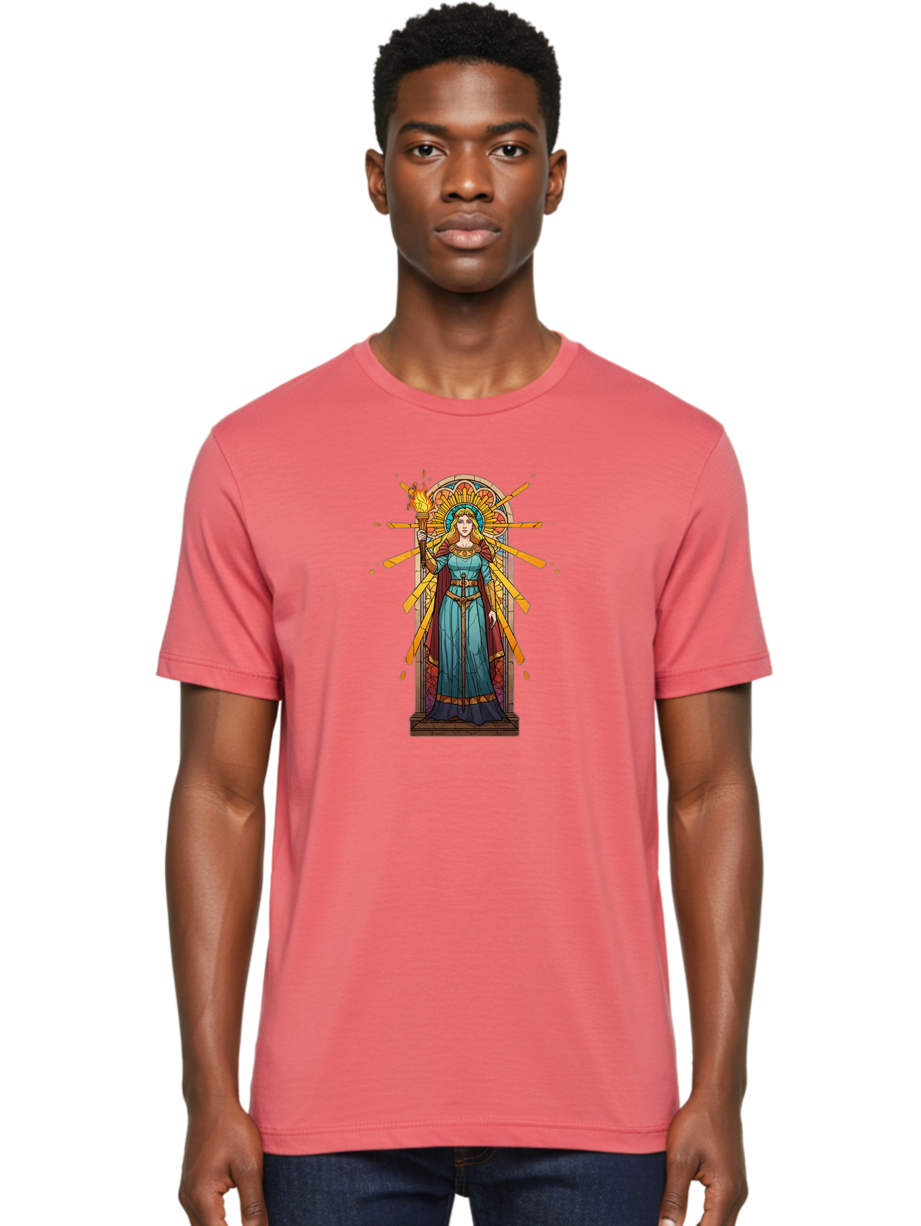 Torch-Lady Men'S Graphic Tee, 100% Cotton, Comfortable Casual Summer Wear, Machine Washable, Statue Of Liberty, Freedom Symbol, Torch Bearer, Stained Glass Art, Vintage Illustration, Liberty Personified, Woman With Torch Bad854