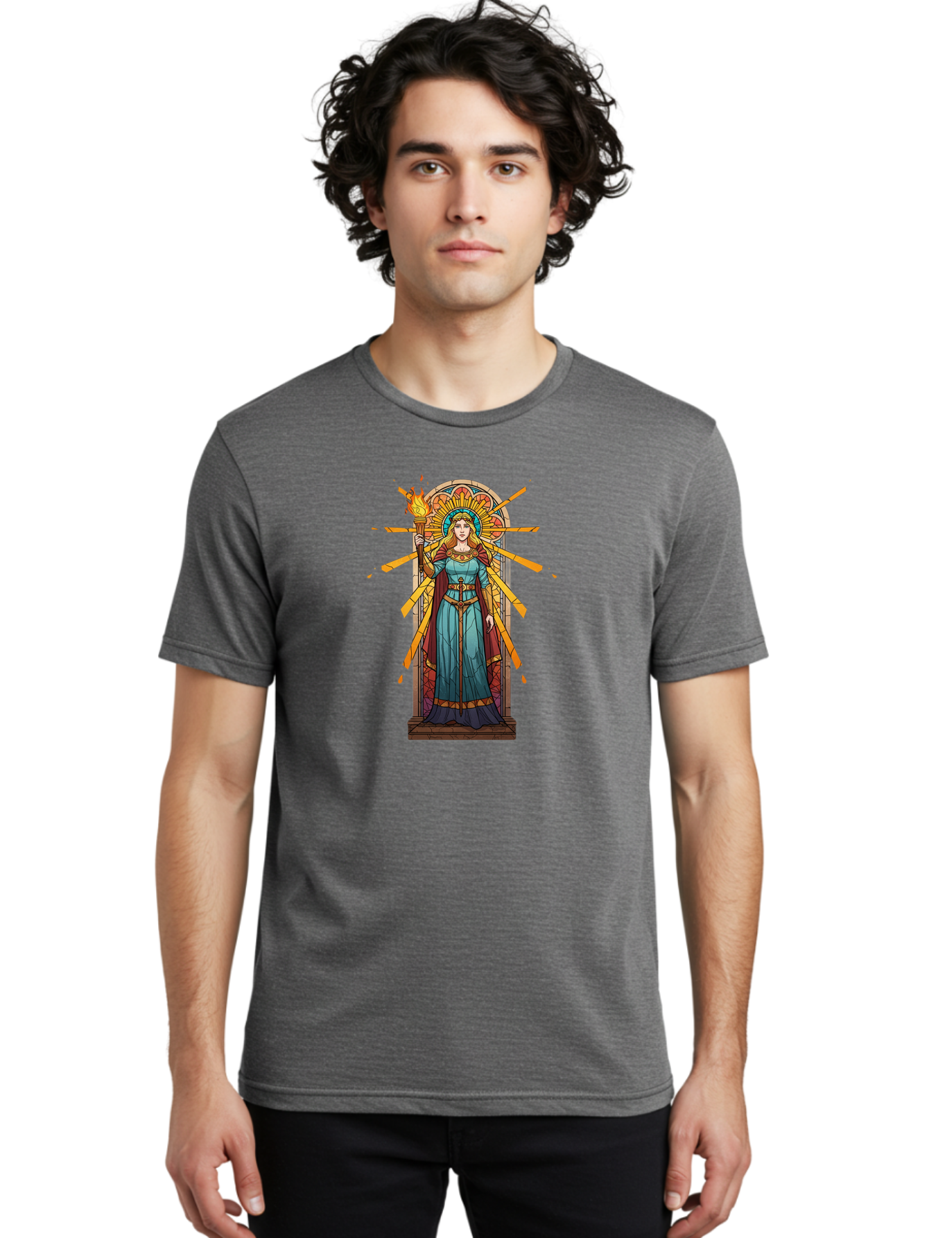 Torch-Lady Men'S Graphic Tee, 100% Cotton, Comfortable Casual Summer Wear, Machine Washable, Statue Of Liberty, Freedom Symbol, Torch Bearer, Stained Glass Art, Vintage Illustration, Liberty Personified, Woman With Torch Bad854