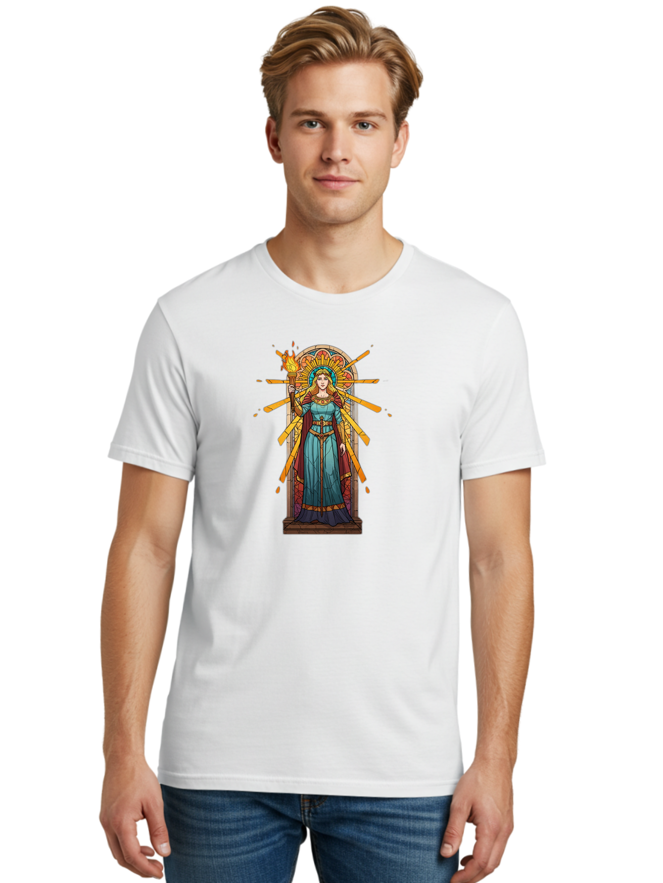 Torch-Lady Men'S Graphic Tee, 100% Cotton, Comfortable Casual Summer Wear, Machine Washable, Statue Of Liberty, Freedom Symbol, Torch Bearer, Stained Glass Art, Vintage Illustration, Liberty Personified, Woman With Torch Bad854