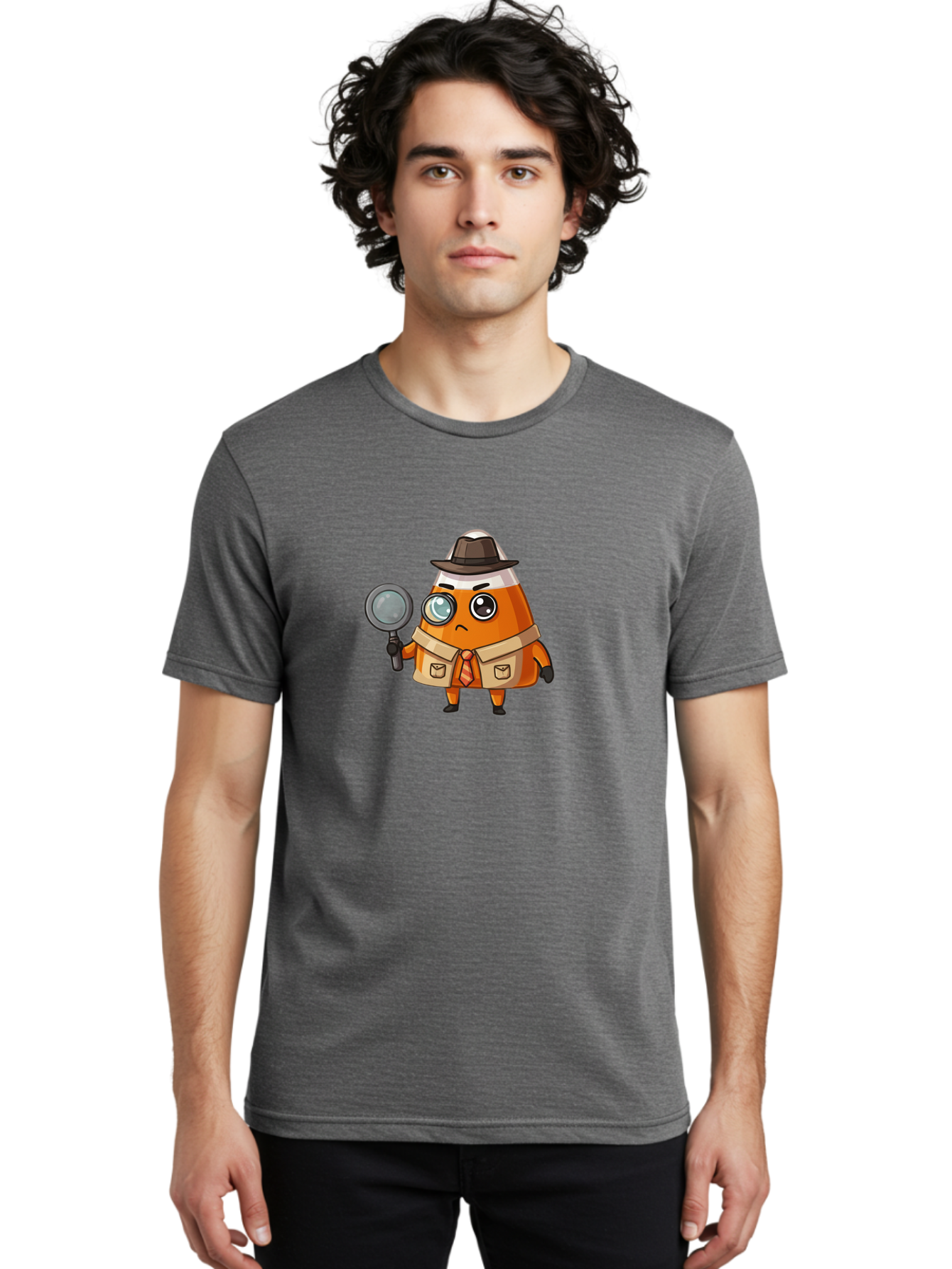 Traffic-Cone-Detective Men'S Graphic Tee, 100% Cotton, Comfortable Casual Summer Wear, Machine Washable, Detective Cone, Cartoon Character, Magnifying Glass, Trench Coat, Fedora Hat, Detective Clothing, Crime Scene Investigation, Bad855