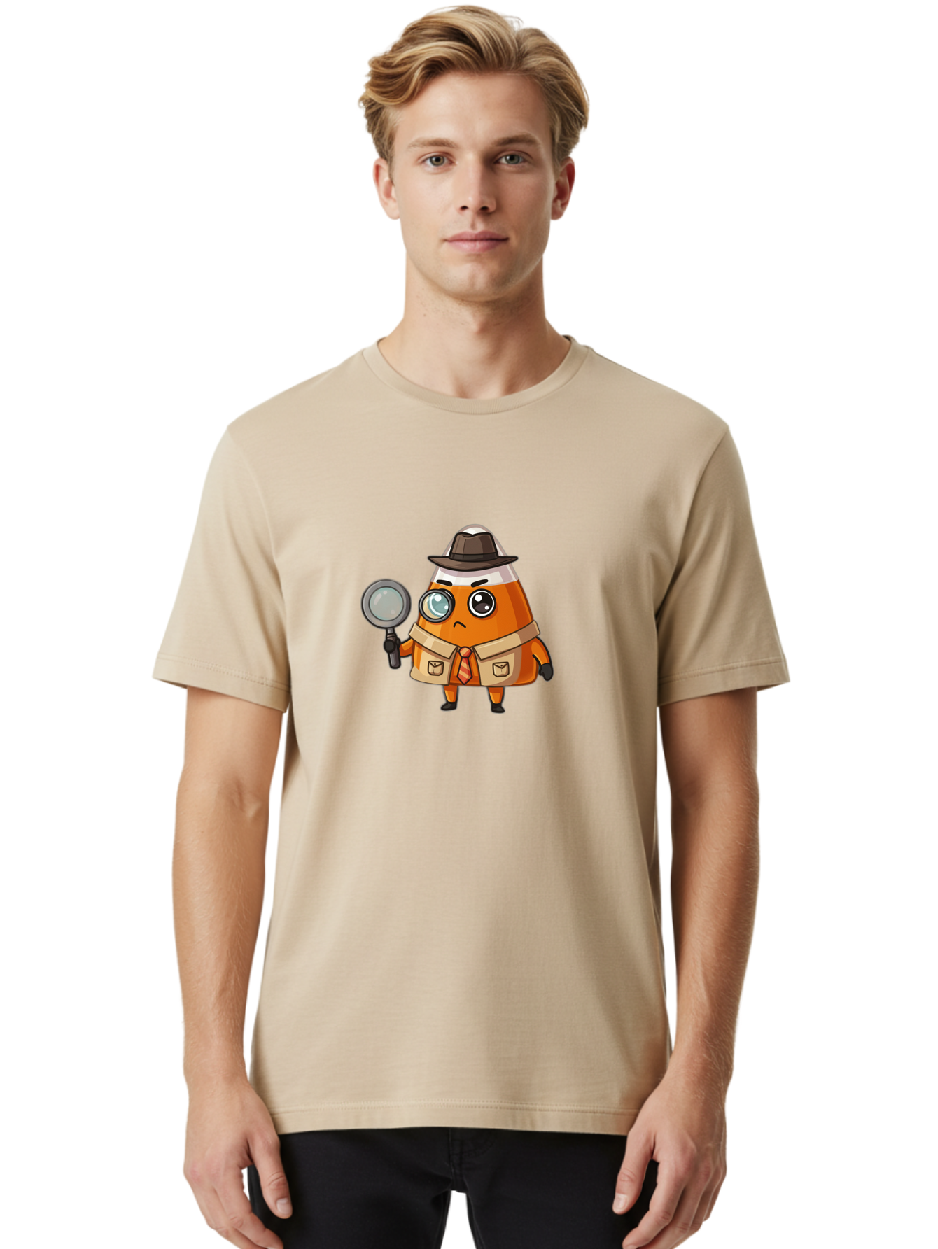 Traffic-Cone-Detective Men'S Graphic Tee, 100% Cotton, Comfortable Casual Summer Wear, Machine Washable, Detective Cone, Cartoon Character, Magnifying Glass, Trench Coat, Fedora Hat, Detective Clothing, Crime Scene Investigation, Bad855