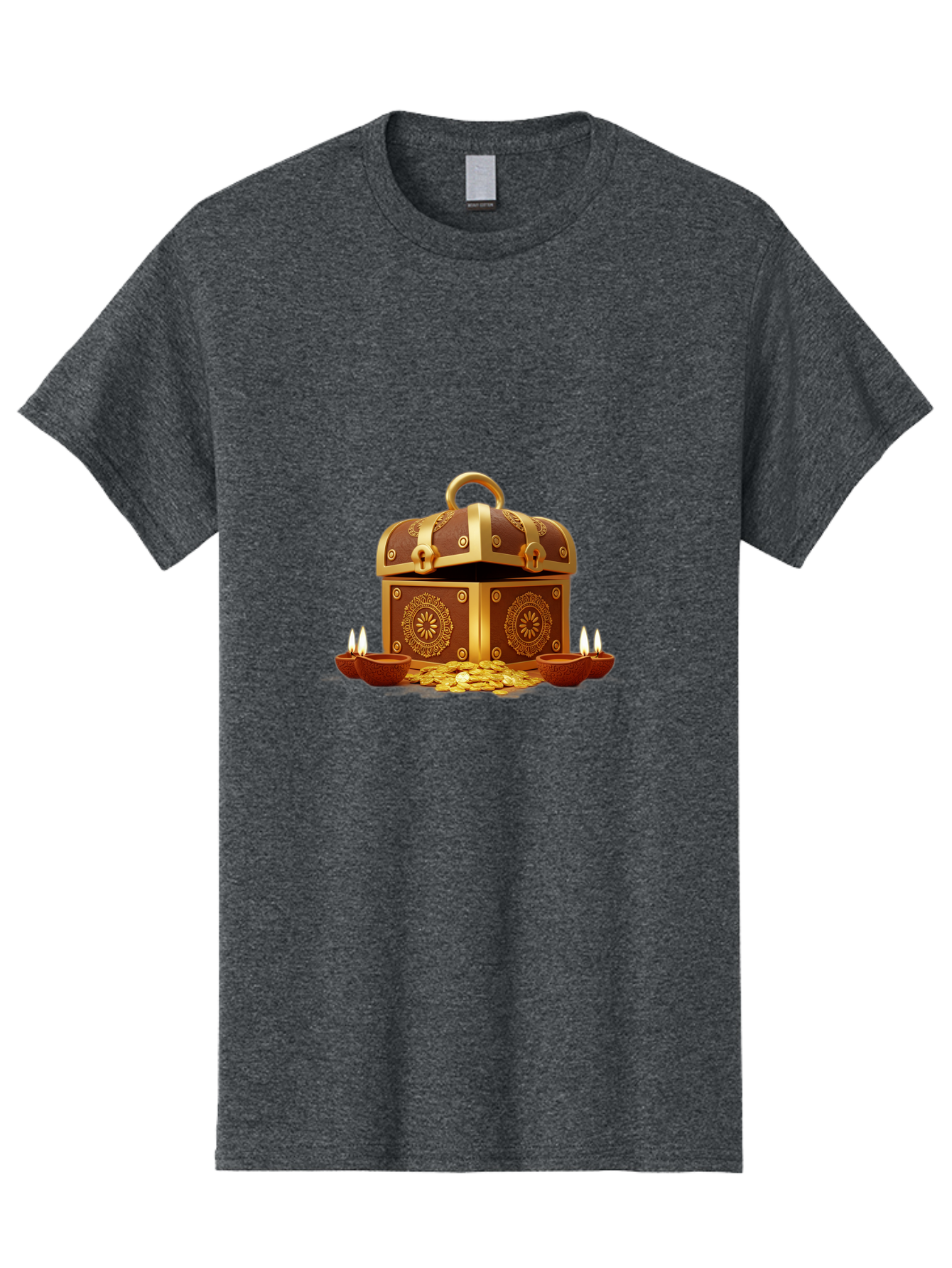 Treasure-Chest Men'S Graphic Tee, 100% Cotton, Comfortable Casual Summer Wear, Machine Washable, Treasure Chest, Gold Coins, Diyas, Lit Candles, Prosperity, Wealth, Traditional Decor, Festive Atmosphere, Indian Culture, Ornate Design Bad859