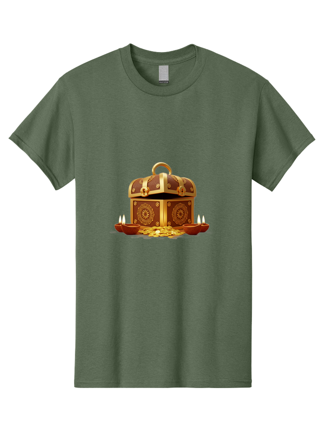 Treasure-Chest Men'S Graphic Tee, 100% Cotton, Comfortable Casual Summer Wear, Machine Washable, Treasure Chest, Gold Coins, Diyas, Lit Candles, Prosperity, Wealth, Traditional Decor, Festive Atmosphere, Indian Culture, Ornate Design Bad859