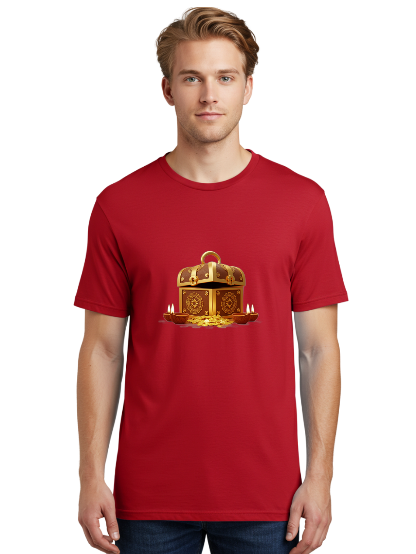 Treasure-Chest Men'S Graphic Tee, 100% Cotton, Comfortable Casual Summer Wear, Machine Washable, Treasure Chest, Gold Coins, Diyas, Lit Candles, Prosperity, Wealth, Traditional Decor, Festive Atmosphere, Indian Culture, Ornate Design Bad859