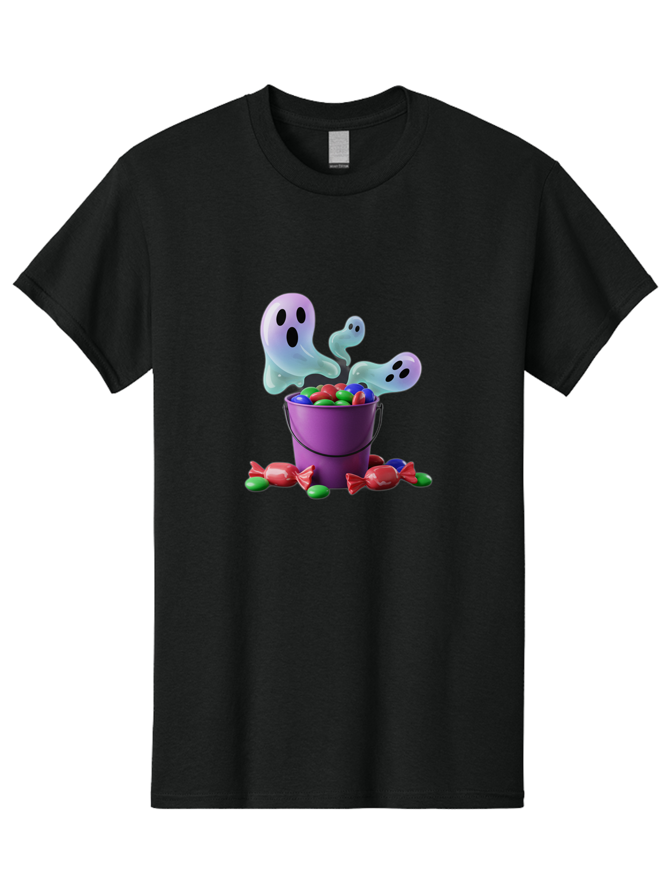 Trick-Or-Treat Men'S Graphic Tee, 100% Cotton, Comfortable Casual Summer Wear, Machine Washable, Halloween Candy, Purple Bucket, Ghostly Figures, Colorful Sweets, Candy Treats, Trick Or Treat, Spooky Season, Festive Treats, Holiday Fun Bad860