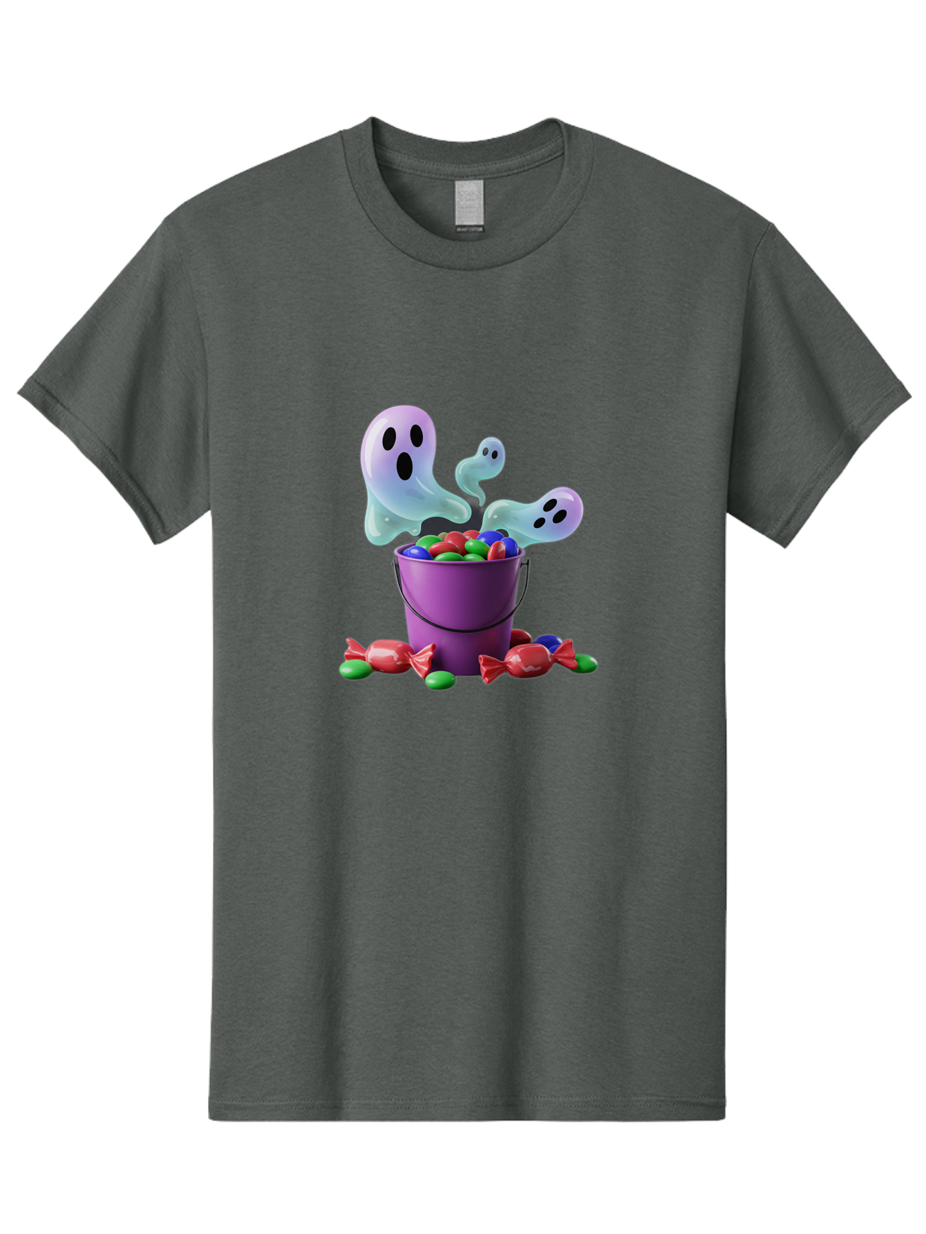 Trick-Or-Treat Men'S Graphic Tee, 100% Cotton, Comfortable Casual Summer Wear, Machine Washable, Halloween Candy, Purple Bucket, Ghostly Figures, Colorful Sweets, Candy Treats, Trick Or Treat, Spooky Season, Festive Treats, Holiday Fun Bad860