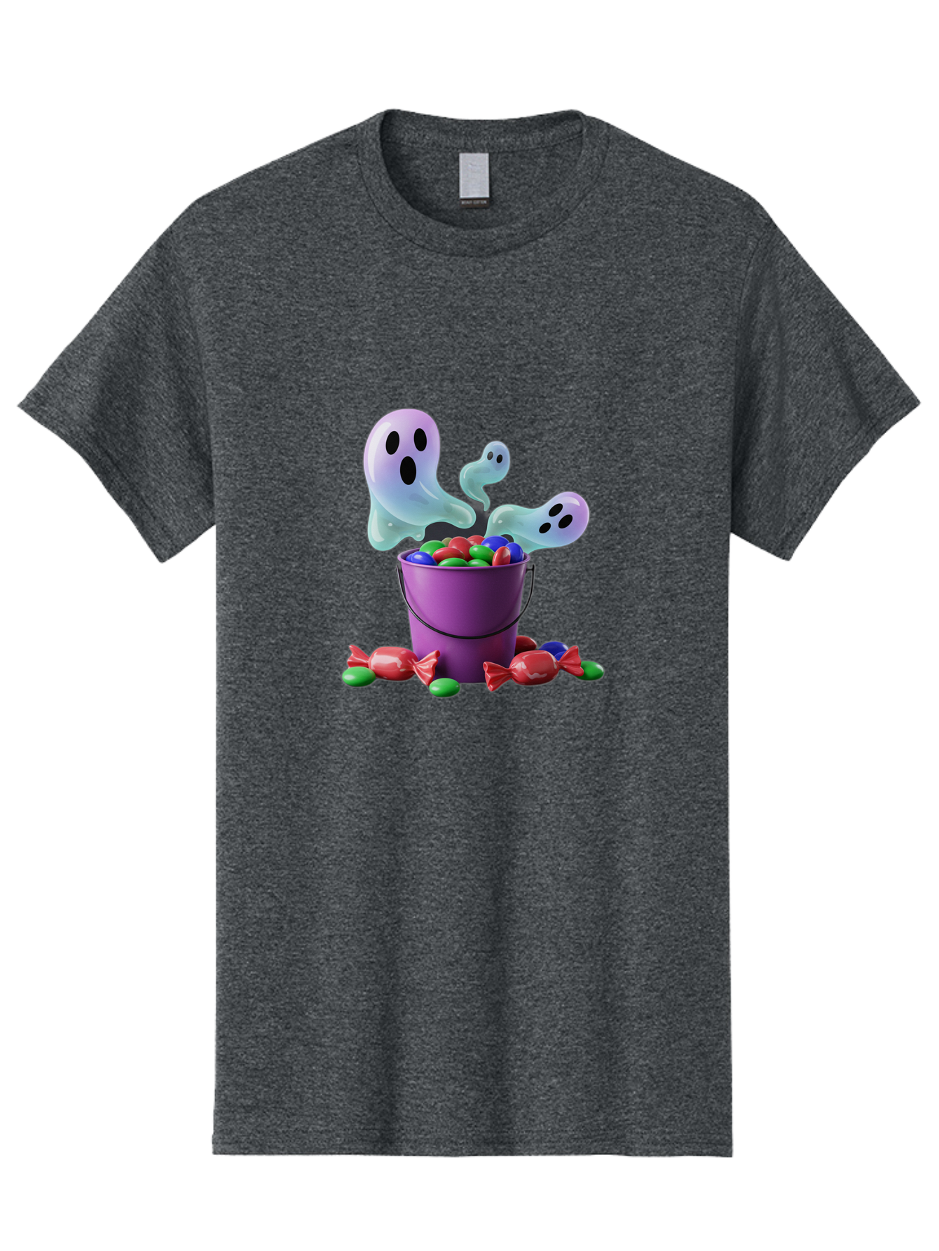 Trick-Or-Treat Men'S Graphic Tee, 100% Cotton, Comfortable Casual Summer Wear, Machine Washable, Halloween Candy, Purple Bucket, Ghostly Figures, Colorful Sweets, Candy Treats, Trick Or Treat, Spooky Season, Festive Treats, Holiday Fun Bad860