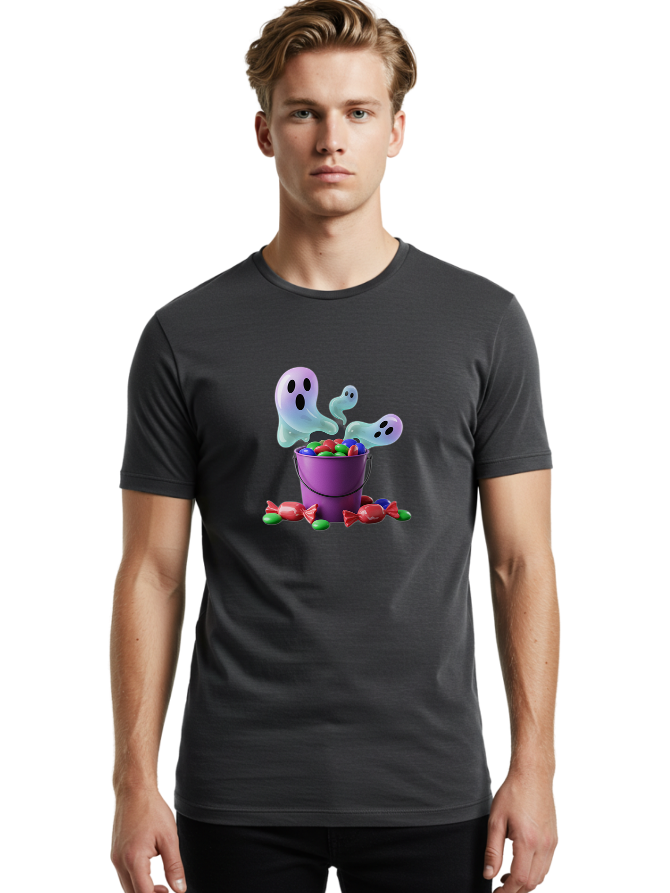 Trick-Or-Treat Men'S Graphic Tee, 100% Cotton, Comfortable Casual Summer Wear, Machine Washable, Halloween Candy, Purple Bucket, Ghostly Figures, Colorful Sweets, Candy Treats, Trick Or Treat, Spooky Season, Festive Treats, Holiday Fun Bad860