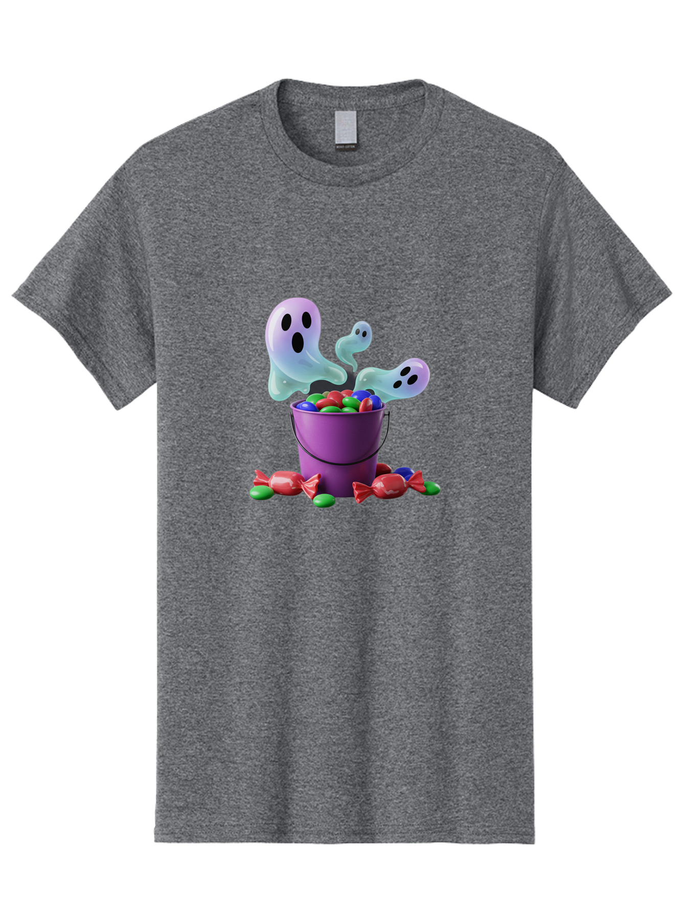 Trick-Or-Treat Men'S Graphic Tee, 100% Cotton, Comfortable Casual Summer Wear, Machine Washable, Halloween Candy, Purple Bucket, Ghostly Figures, Colorful Sweets, Candy Treats, Trick Or Treat, Spooky Season, Festive Treats, Holiday Fun Bad860
