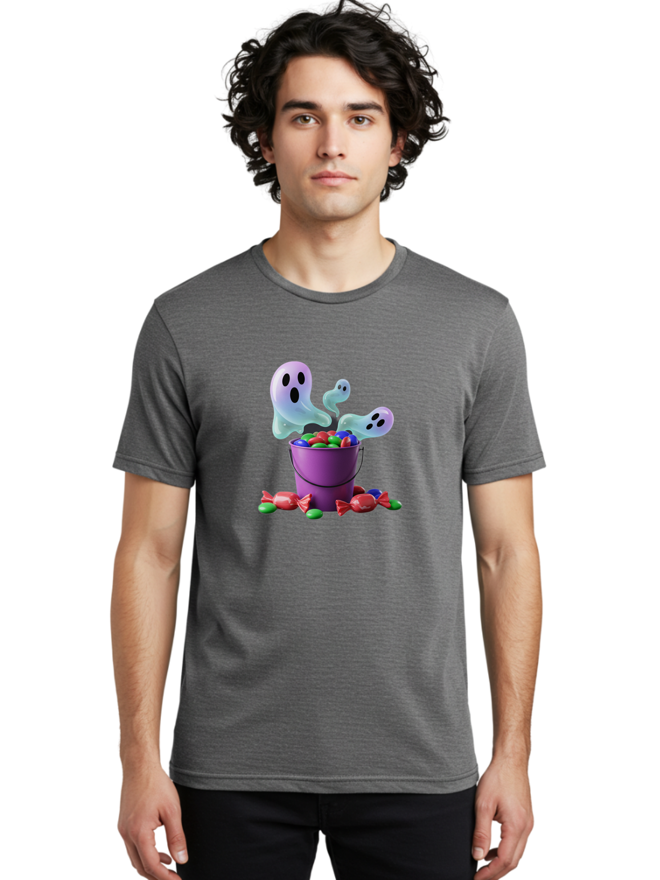 Trick-Or-Treat Men'S Graphic Tee, 100% Cotton, Comfortable Casual Summer Wear, Machine Washable, Halloween Candy, Purple Bucket, Ghostly Figures, Colorful Sweets, Candy Treats, Trick Or Treat, Spooky Season, Festive Treats, Holiday Fun Bad860