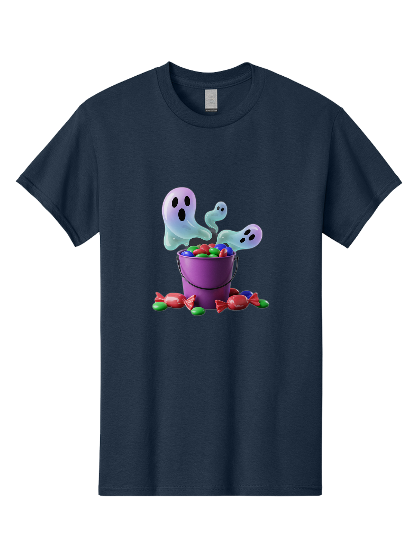 Trick-Or-Treat Men'S Graphic Tee, 100% Cotton, Comfortable Casual Summer Wear, Machine Washable, Halloween Candy, Purple Bucket, Ghostly Figures, Colorful Sweets, Candy Treats, Trick Or Treat, Spooky Season, Festive Treats, Holiday Fun Bad860
