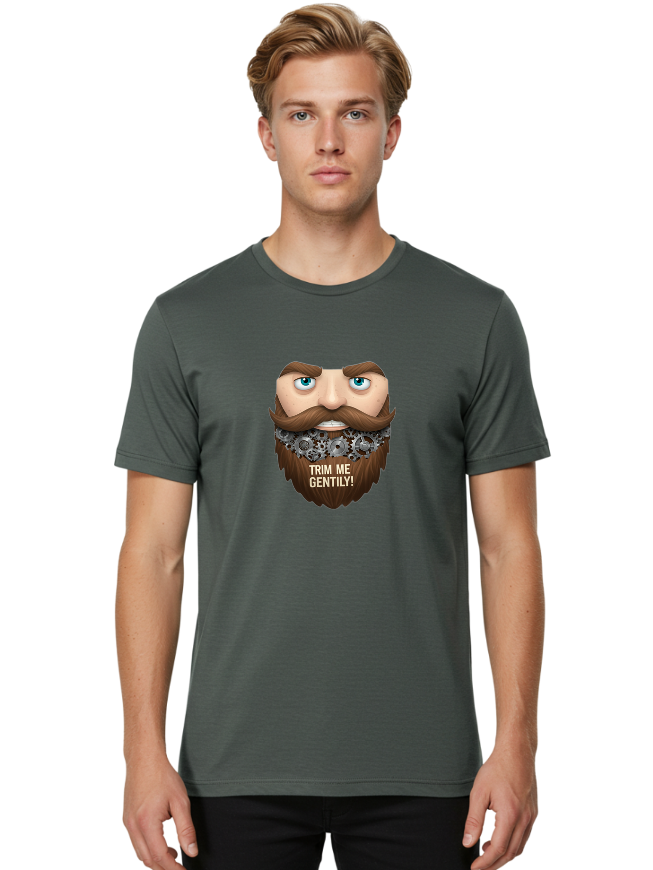 Trim-Me-Gentily Men'S Graphic Tee, 100% Cotton, Comfortable Casual Summer Wear, Machine Washable, Steampunk-Inspired Beard, Mechanical Gears, Vintage Grooming, Quirky Humor, Unique Facial Hair, Whimsical Design, Trim Me Gently, Bad861