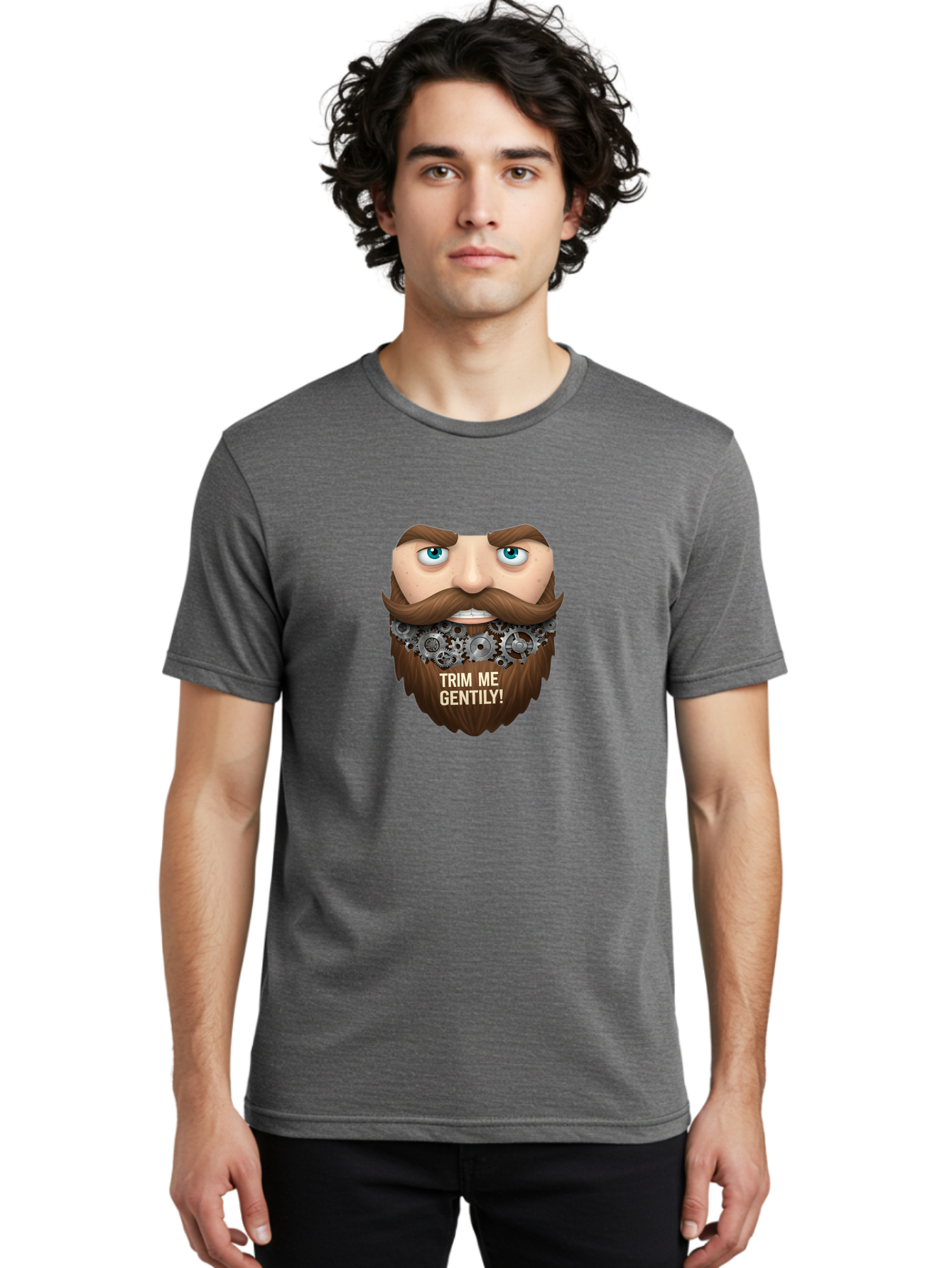 Trim-Me-Gentily Men'S Graphic Tee, 100% Cotton, Comfortable Casual Summer Wear, Machine Washable, Steampunk-Inspired Beard, Mechanical Gears, Vintage Grooming, Quirky Humor, Unique Facial Hair, Whimsical Design, Trim Me Gently, Bad861