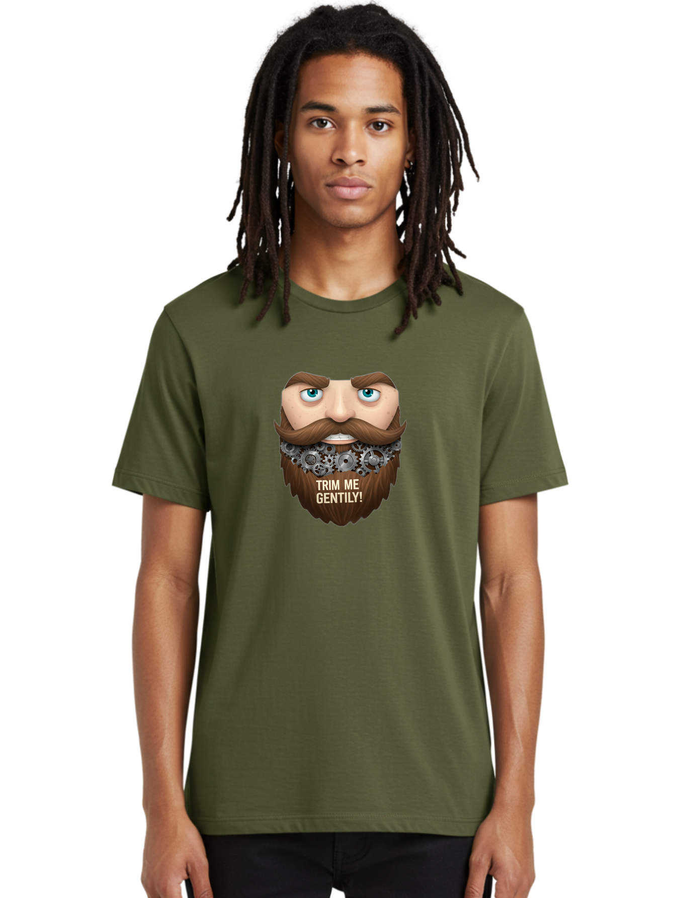 Trim-Me-Gentily Men'S Graphic Tee, 100% Cotton, Comfortable Casual Summer Wear, Machine Washable, Steampunk-Inspired Beard, Mechanical Gears, Vintage Grooming, Quirky Humor, Unique Facial Hair, Whimsical Design, Trim Me Gently, Bad861