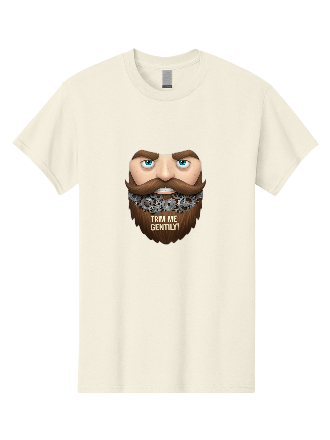 Trim-Me-Gentily Men'S Graphic Tee, 100% Cotton, Comfortable Casual Summer Wear, Machine Washable, Steampunk-Inspired Beard, Mechanical Gears, Vintage Grooming, Quirky Humor, Unique Facial Hair, Whimsical Design, Trim Me Gently, Bad861