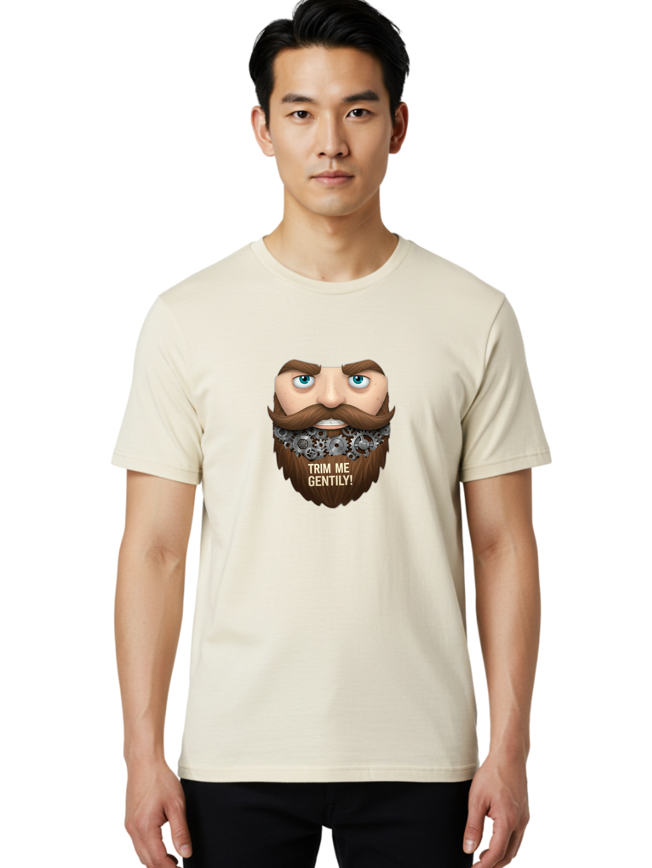 Trim-Me-Gentily Men'S Graphic Tee, 100% Cotton, Comfortable Casual Summer Wear, Machine Washable, Steampunk-Inspired Beard, Mechanical Gears, Vintage Grooming, Quirky Humor, Unique Facial Hair, Whimsical Design, Trim Me Gently, Bad861
