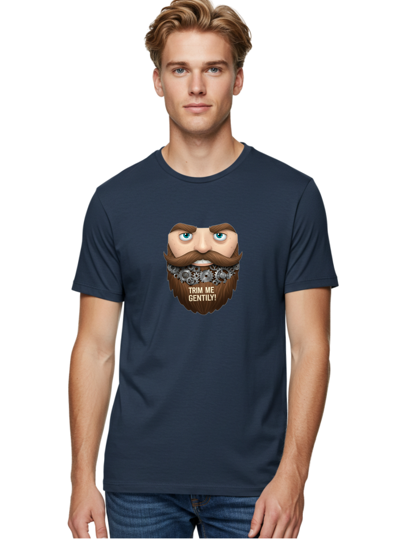Trim-Me-Gentily Men'S Graphic Tee, 100% Cotton, Comfortable Casual Summer Wear, Machine Washable, Steampunk-Inspired Beard, Mechanical Gears, Vintage Grooming, Quirky Humor, Unique Facial Hair, Whimsical Design, Trim Me Gently, Bad861