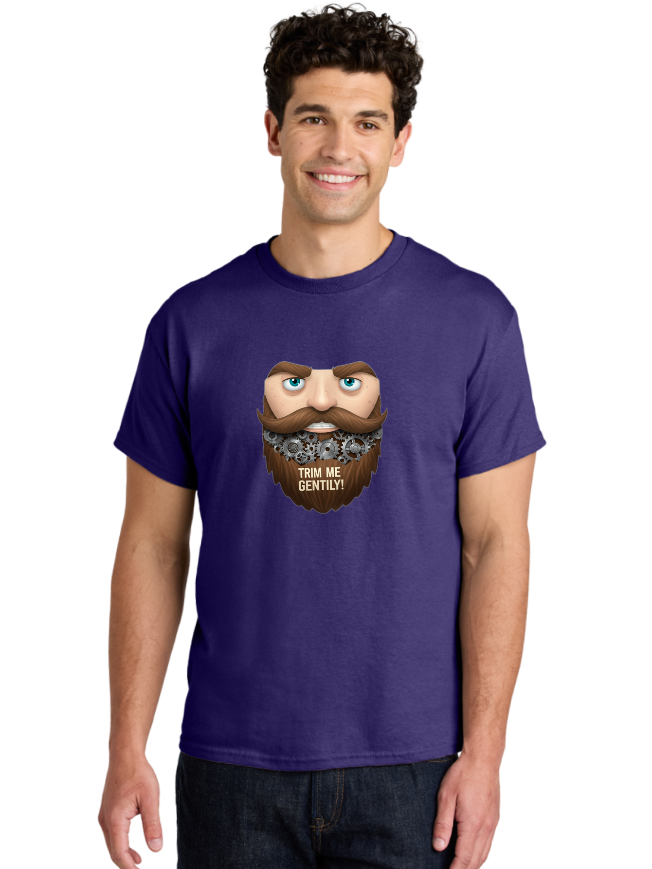 Trim-Me-Gentily Men'S Graphic Tee, 100% Cotton, Comfortable Casual Summer Wear, Machine Washable, Steampunk-Inspired Beard, Mechanical Gears, Vintage Grooming, Quirky Humor, Unique Facial Hair, Whimsical Design, Trim Me Gently, Bad861