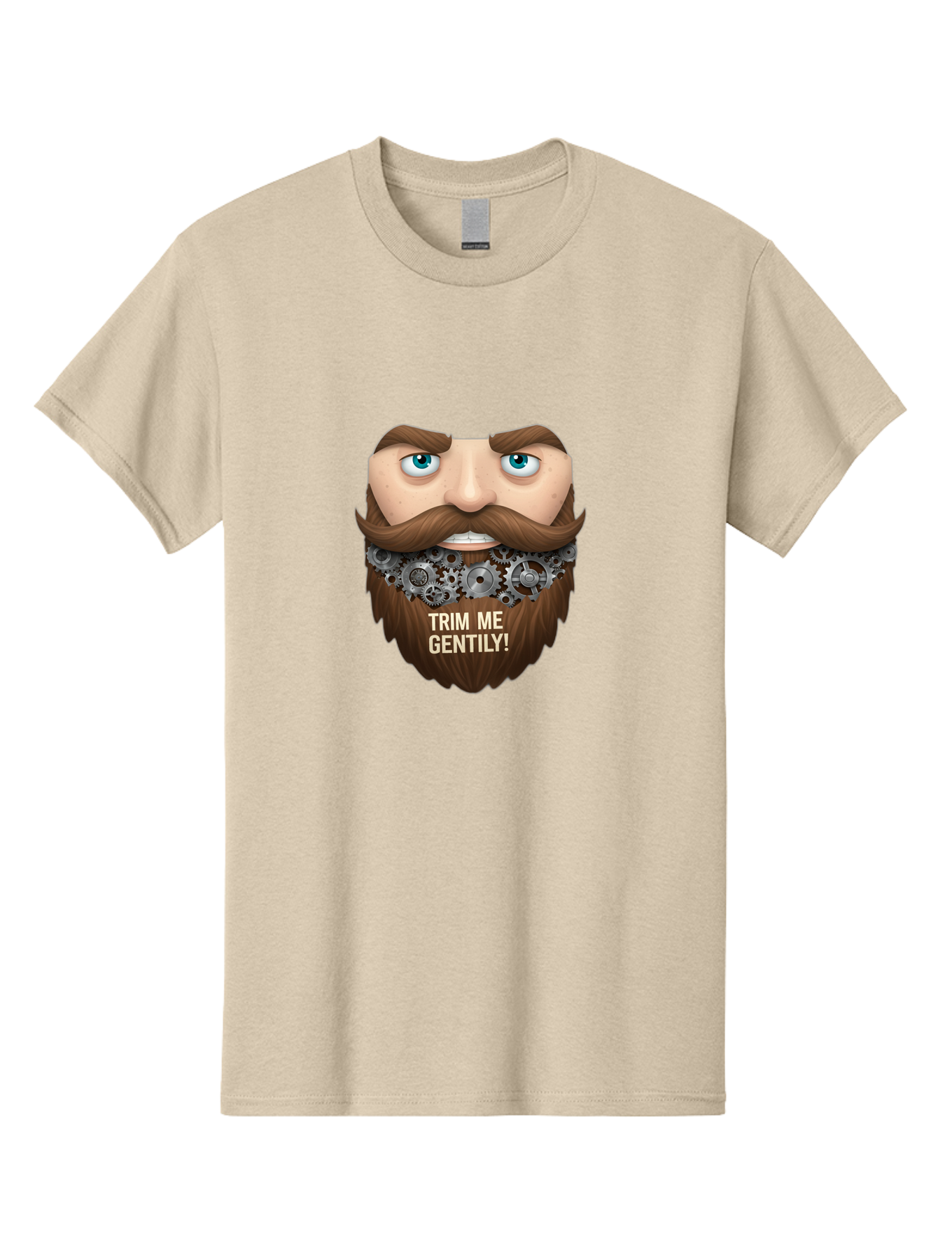 Trim-Me-Gentily Men'S Graphic Tee, 100% Cotton, Comfortable Casual Summer Wear, Machine Washable, Steampunk-Inspired Beard, Mechanical Gears, Vintage Grooming, Quirky Humor, Unique Facial Hair, Whimsical Design, Trim Me Gently, Bad861