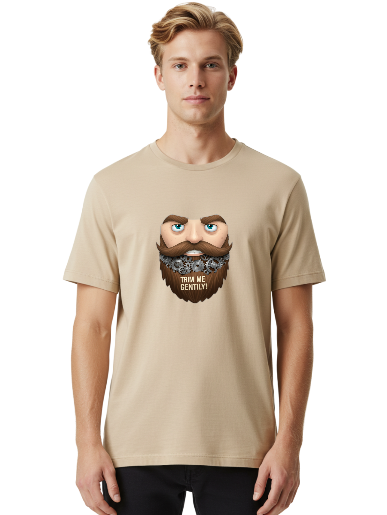 Trim-Me-Gentily Men'S Graphic Tee, 100% Cotton, Comfortable Casual Summer Wear, Machine Washable, Steampunk-Inspired Beard, Mechanical Gears, Vintage Grooming, Quirky Humor, Unique Facial Hair, Whimsical Design, Trim Me Gently, Bad861