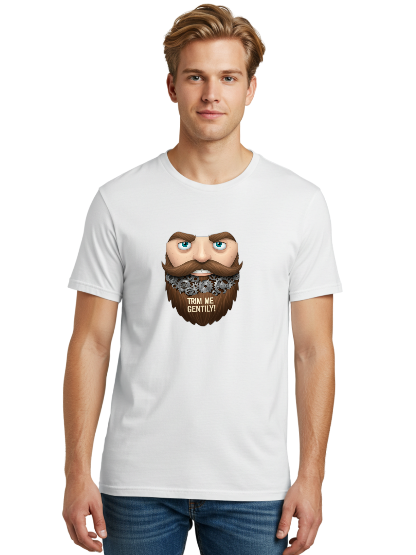 Trim-Me-Gentily Men'S Graphic Tee, 100% Cotton, Comfortable Casual Summer Wear, Machine Washable, Steampunk-Inspired Beard, Mechanical Gears, Vintage Grooming, Quirky Humor, Unique Facial Hair, Whimsical Design, Trim Me Gently, Bad861