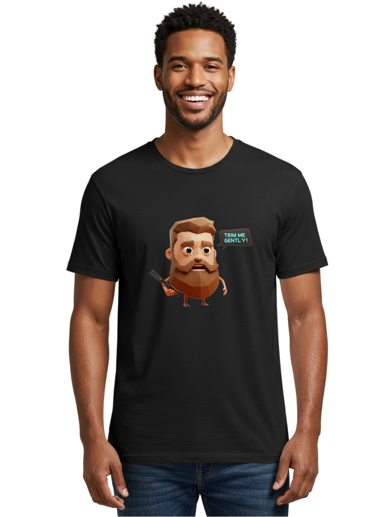 Trim-Me-Gently-1 Men'S Graphic Tee, 100% Cotton, Comfortable Casual Summer Wear, Machine Washable, Cartoon Man, Low Poly Character, 3D Illustration, Barber Theme, Grooming, Male Beauty, Beard Care, Scissors, Funny Expression Bad862