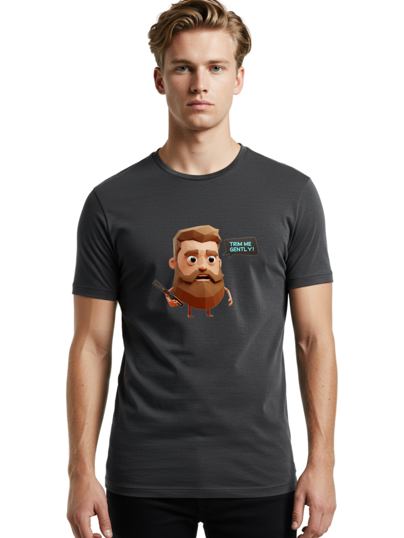 Trim-Me-Gently-1 Men'S Graphic Tee, 100% Cotton, Comfortable Casual Summer Wear, Machine Washable, Cartoon Man, Low Poly Character, 3D Illustration, Barber Theme, Grooming, Male Beauty, Beard Care, Scissors, Funny Expression Bad862