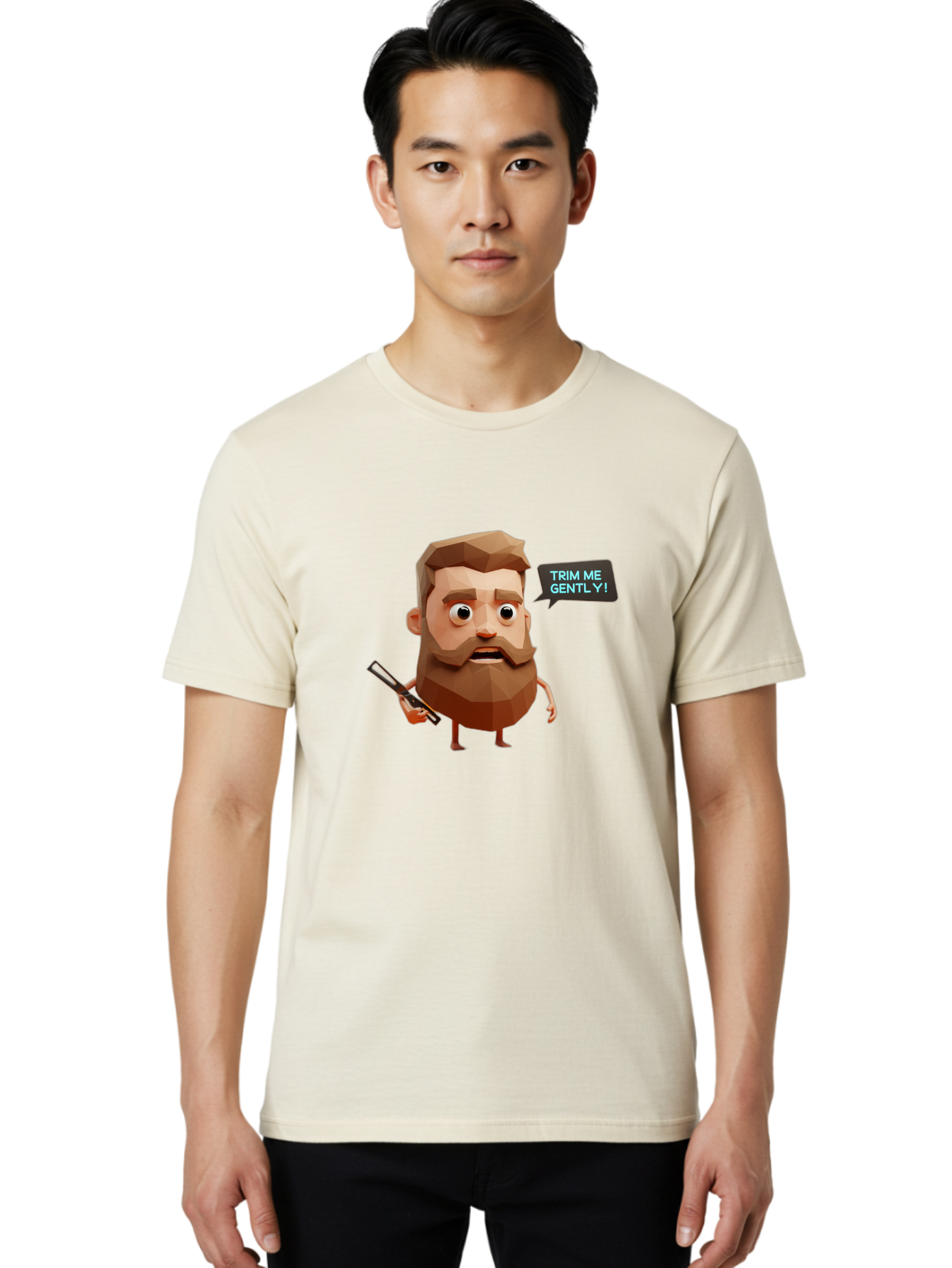 Trim-Me-Gently-1 Men'S Graphic Tee, 100% Cotton, Comfortable Casual Summer Wear, Machine Washable, Cartoon Man, Low Poly Character, 3D Illustration, Barber Theme, Grooming, Male Beauty, Beard Care, Scissors, Funny Expression Bad862