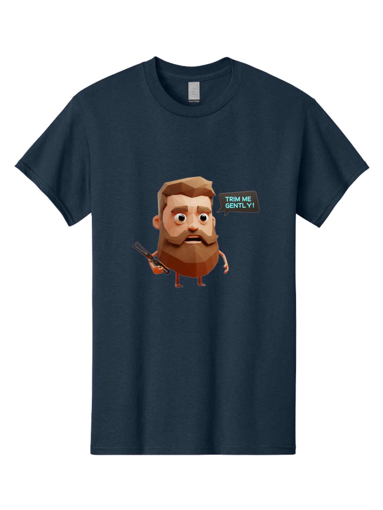 Trim-Me-Gently-1 Men'S Graphic Tee, 100% Cotton, Comfortable Casual Summer Wear, Machine Washable, Cartoon Man, Low Poly Character, 3D Illustration, Barber Theme, Grooming, Male Beauty, Beard Care, Scissors, Funny Expression Bad862