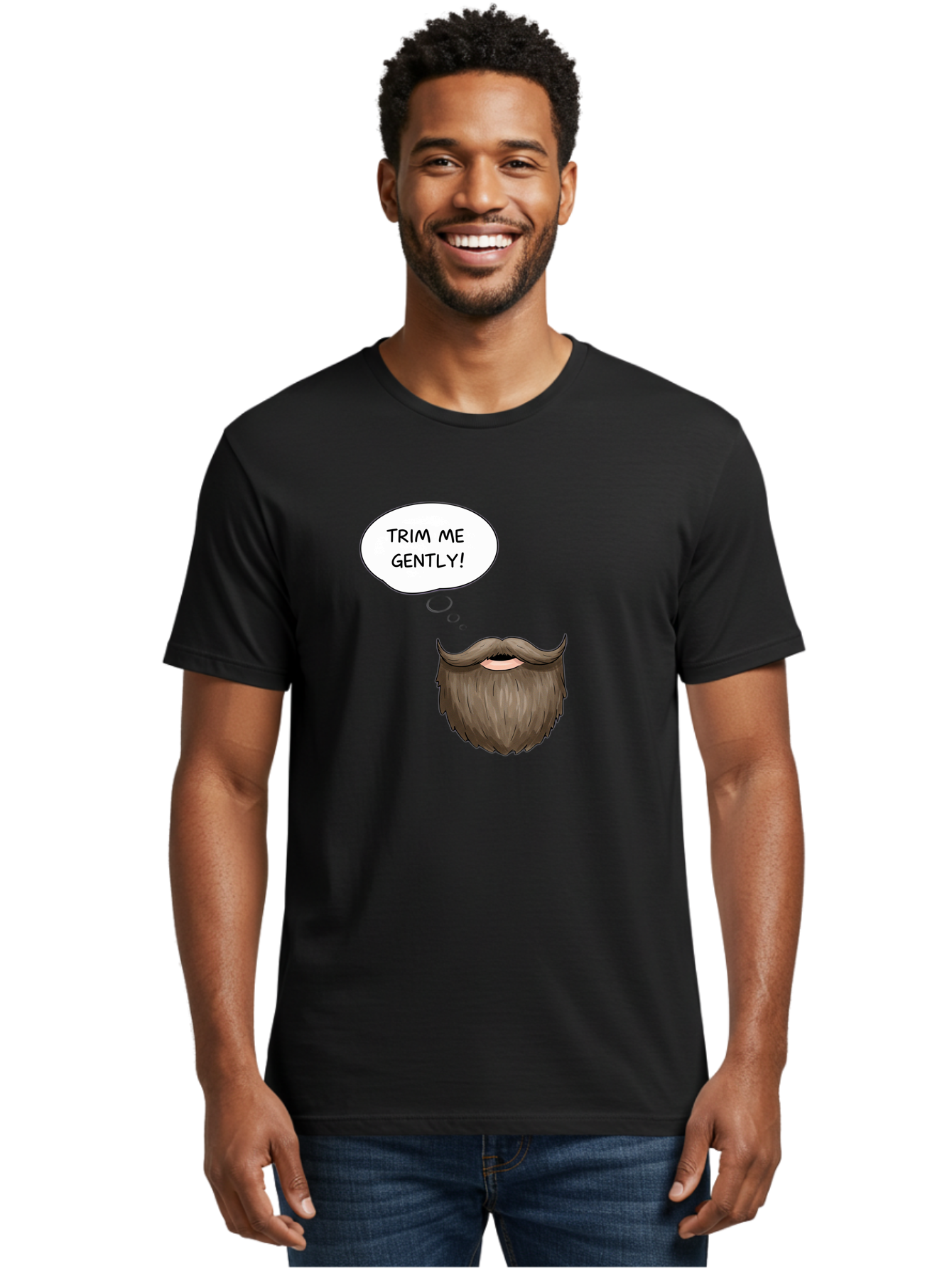Trim-Me-Gently-2 Men'S Graphic Tee, 100% Cotton, Comfortable Casual Summer Wear, Machine Washable, Funny Cartoon Beard, Humorous Illustration, Whimsical Character, Mustache And Beard Combo, Playful Typography, Quirky Design, Bold Text, Bad863