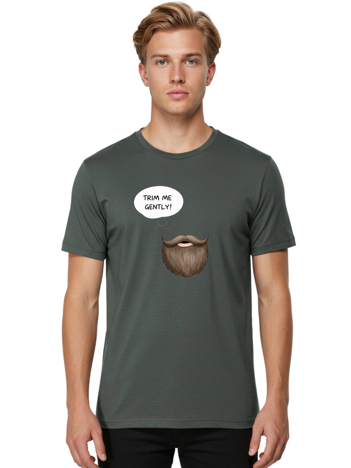 Trim-Me-Gently-2 Men'S Graphic Tee, 100% Cotton, Comfortable Casual Summer Wear, Machine Washable, Funny Cartoon Beard, Humorous Illustration, Whimsical Character, Mustache And Beard Combo, Playful Typography, Quirky Design, Bold Text, Bad863