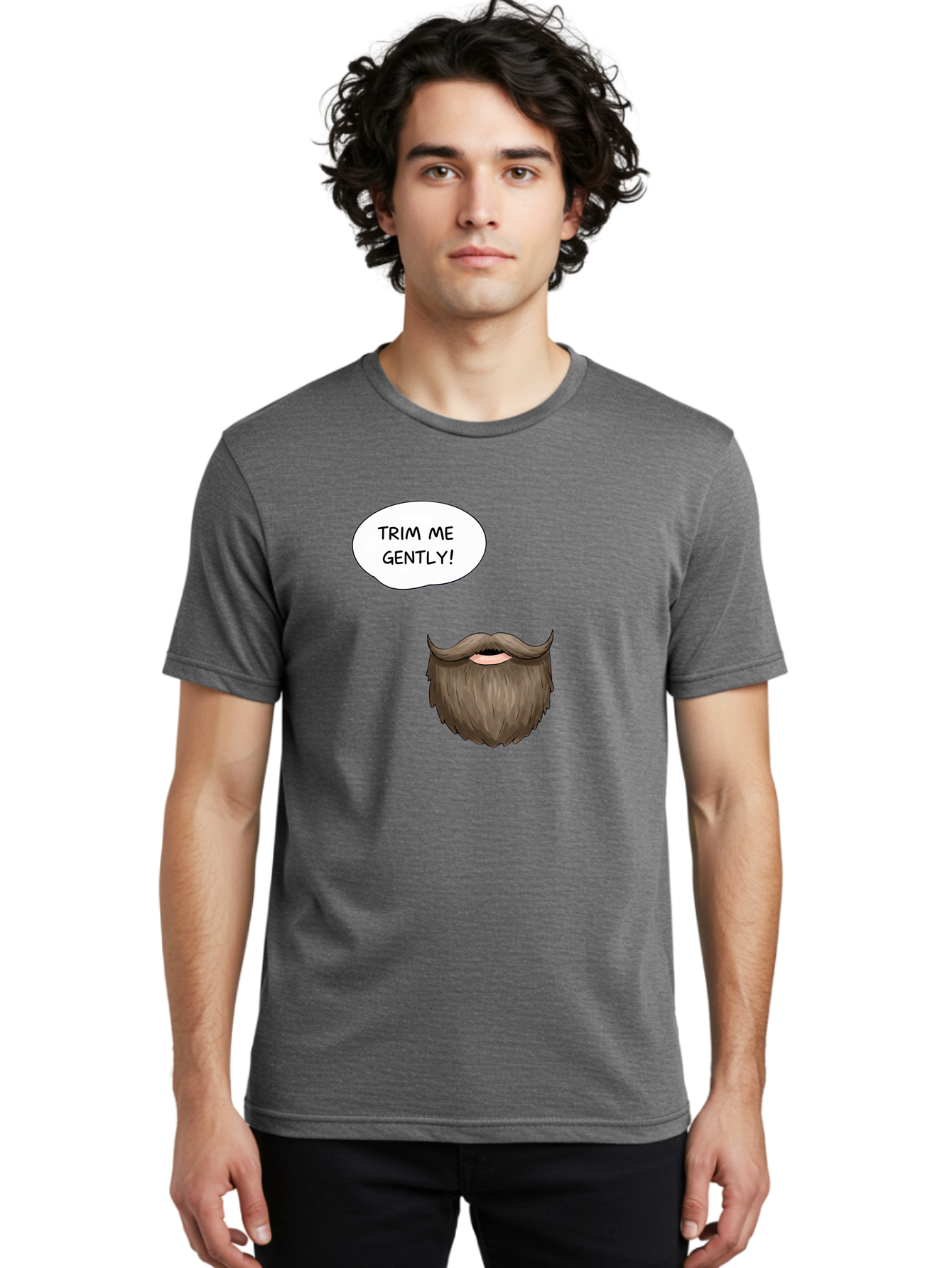 Trim-Me-Gently-2 Men'S Graphic Tee, 100% Cotton, Comfortable Casual Summer Wear, Machine Washable, Funny Cartoon Beard, Humorous Illustration, Whimsical Character, Mustache And Beard Combo, Playful Typography, Quirky Design, Bold Text, Bad863